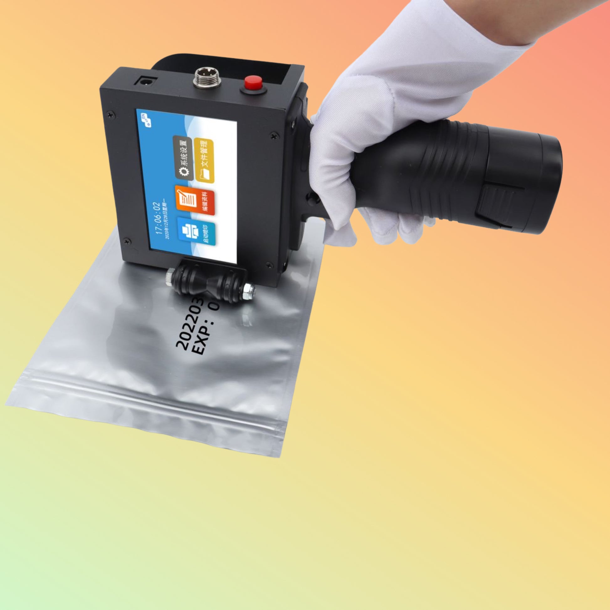 Hand holding a sealing machine over a plastic bag with an expiration date on a gradient background