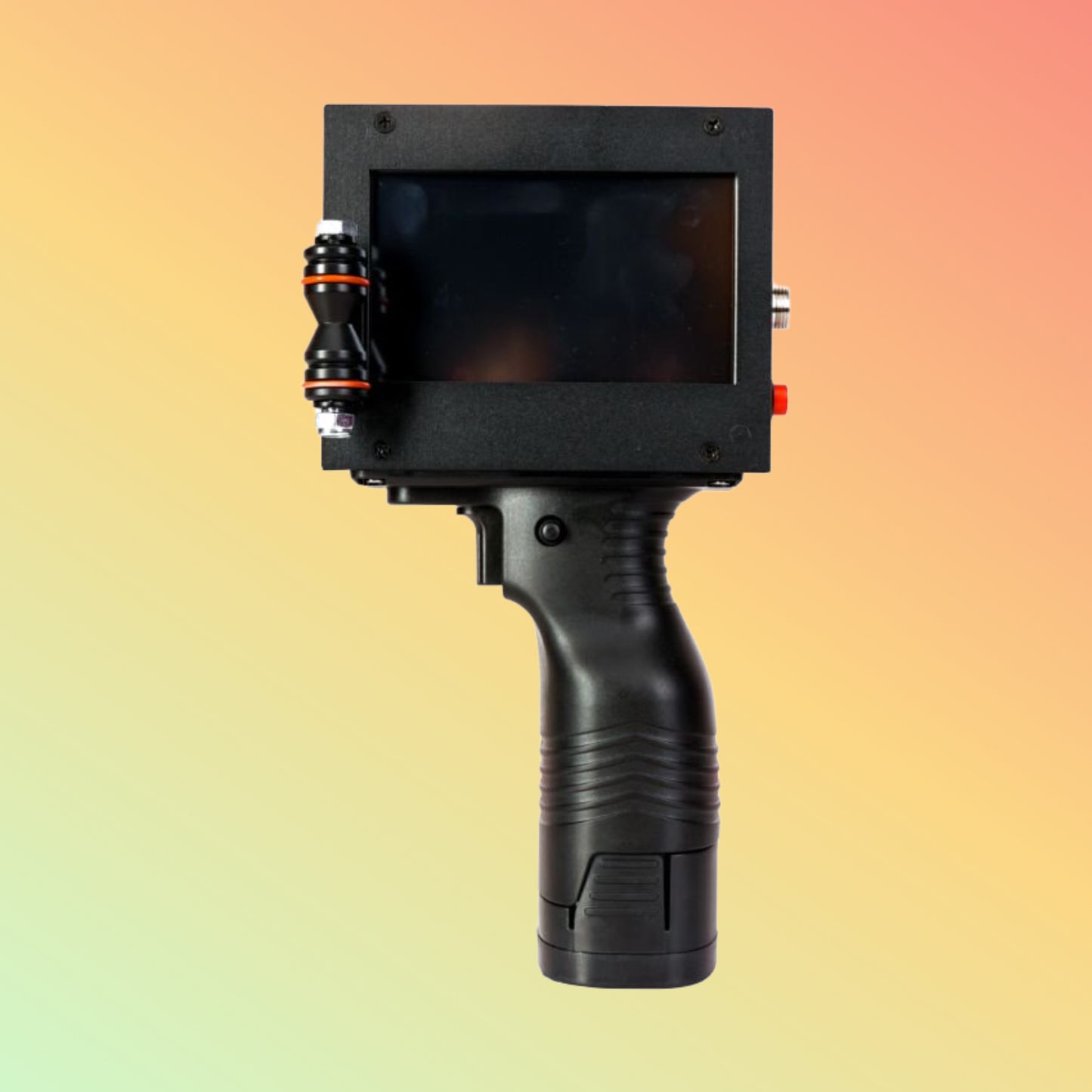 Black handheld device with a screen on a gradient background