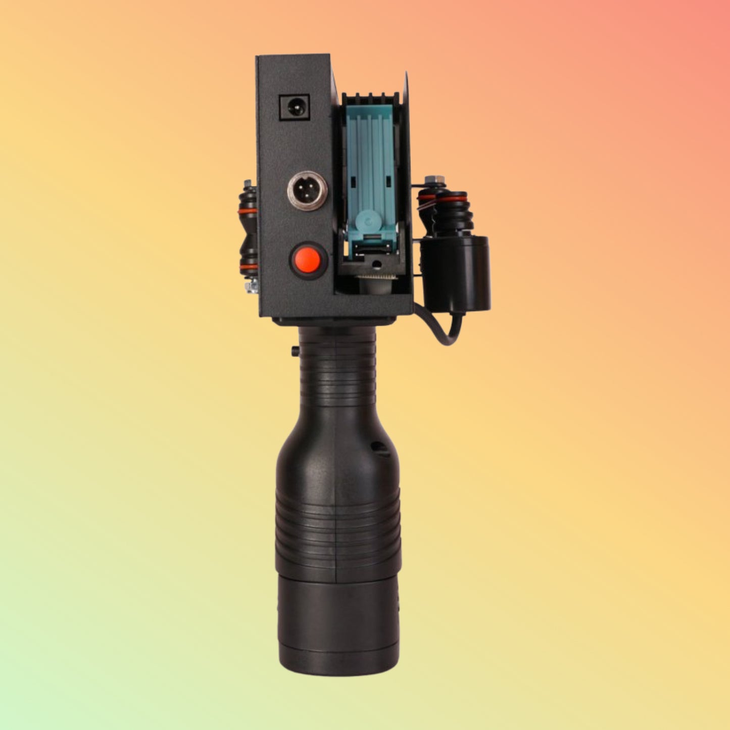 Black camera lens or similar device on a gradient background