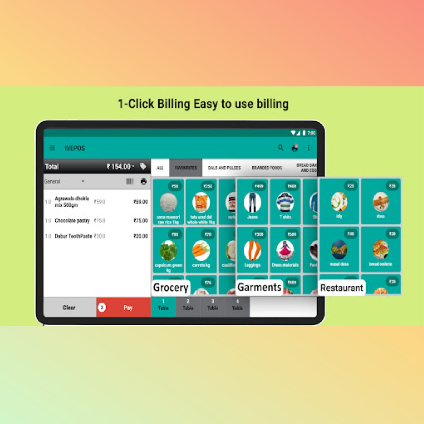 Tablet displaying a billing app with colorful icons on a gradient background