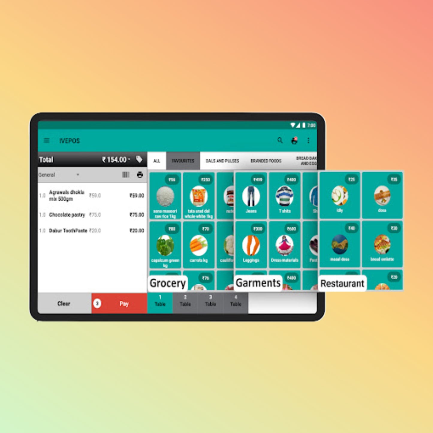 Tablet displaying a POS system interface with categories like Grocery, Garments, and Restaurant on a gradient background.