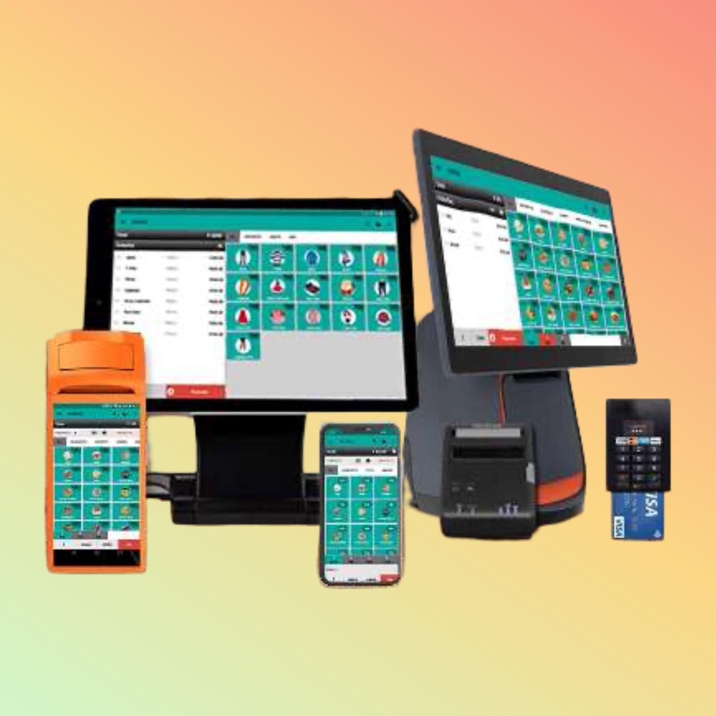 Collection of point-of-sale (POS) devices on a gradient background