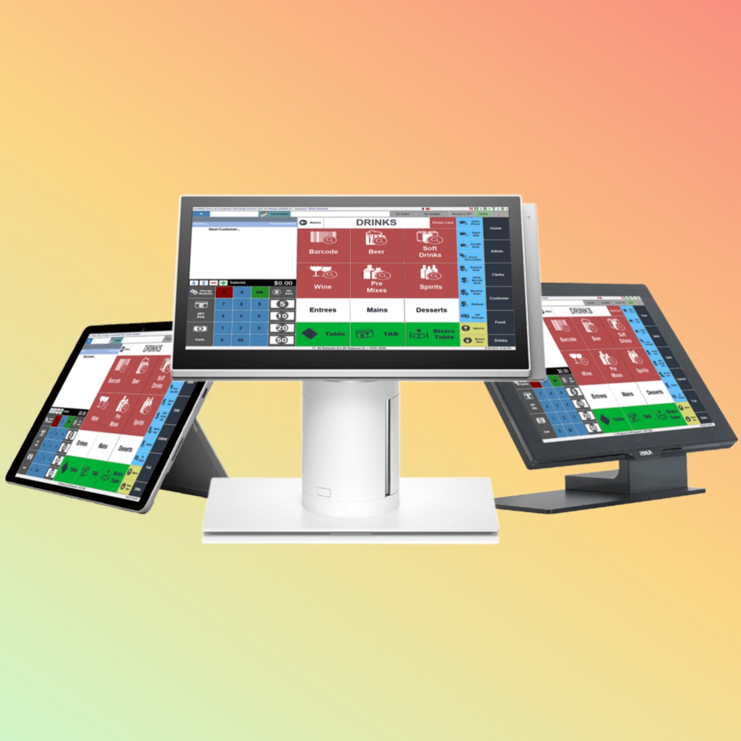Three touchscreen POS (Point of Sale) systems on a gradient background