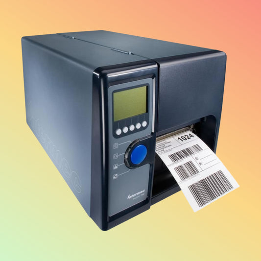Barcode printer with a printed label on a gradient background