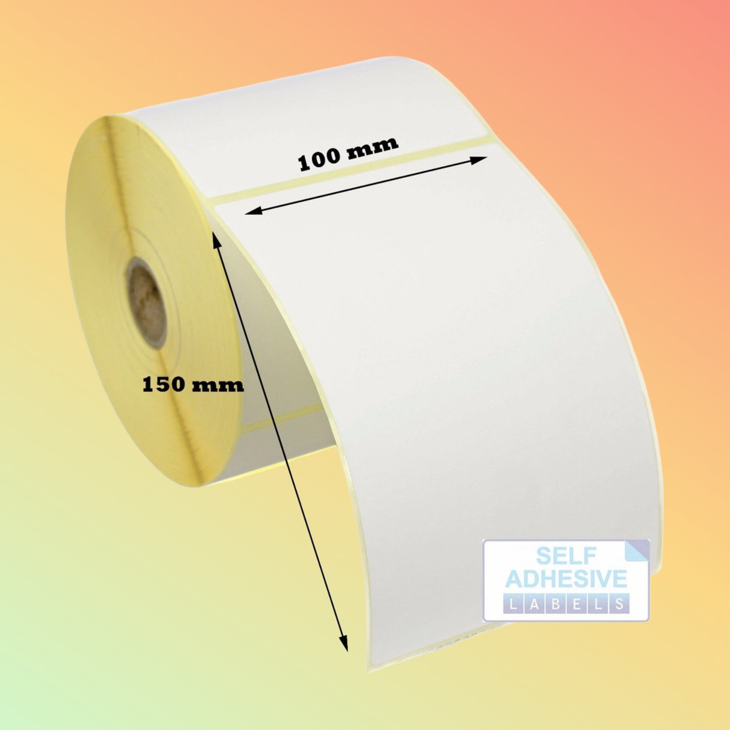 Roll of self-adhesive labels with dimensions on a gradient background