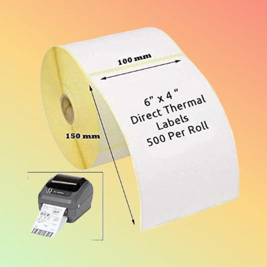 Roll of direct thermal labels with dimensions and quantity on a gradient background