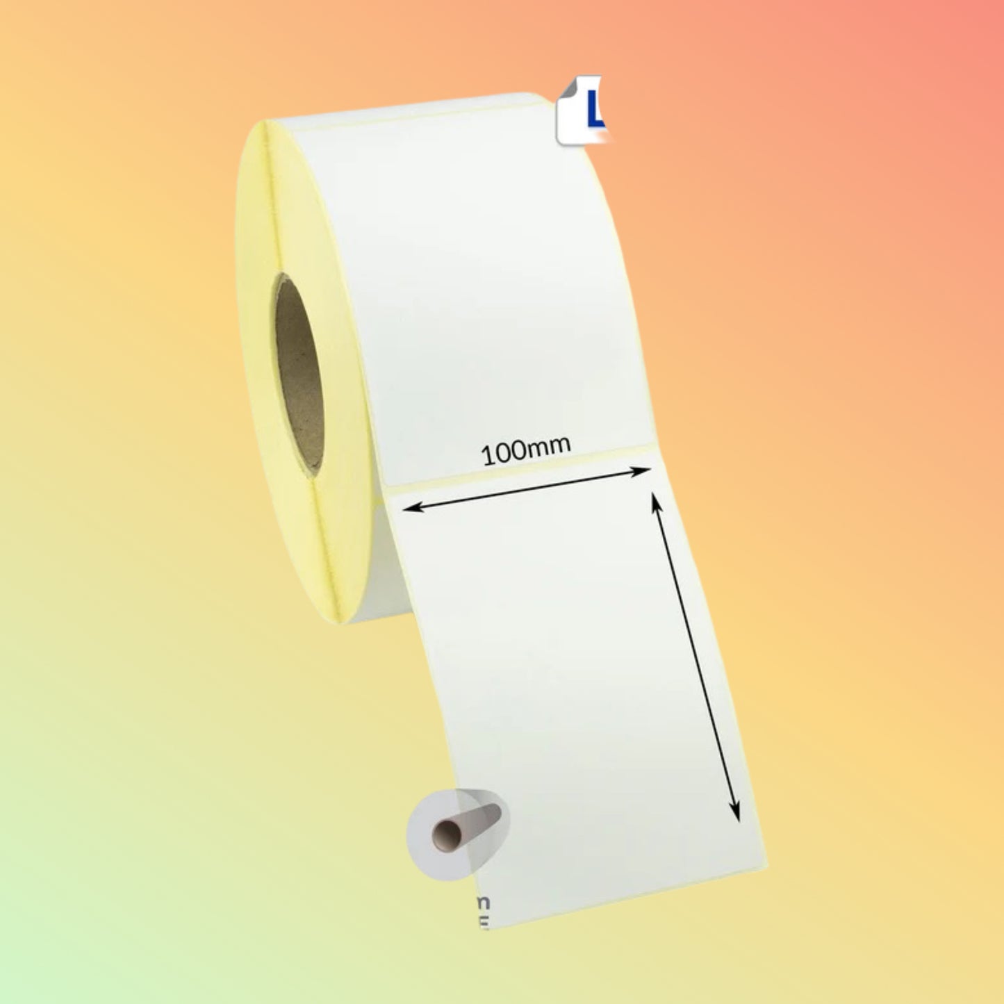 Roll of labels with a measurement label on a gradient background