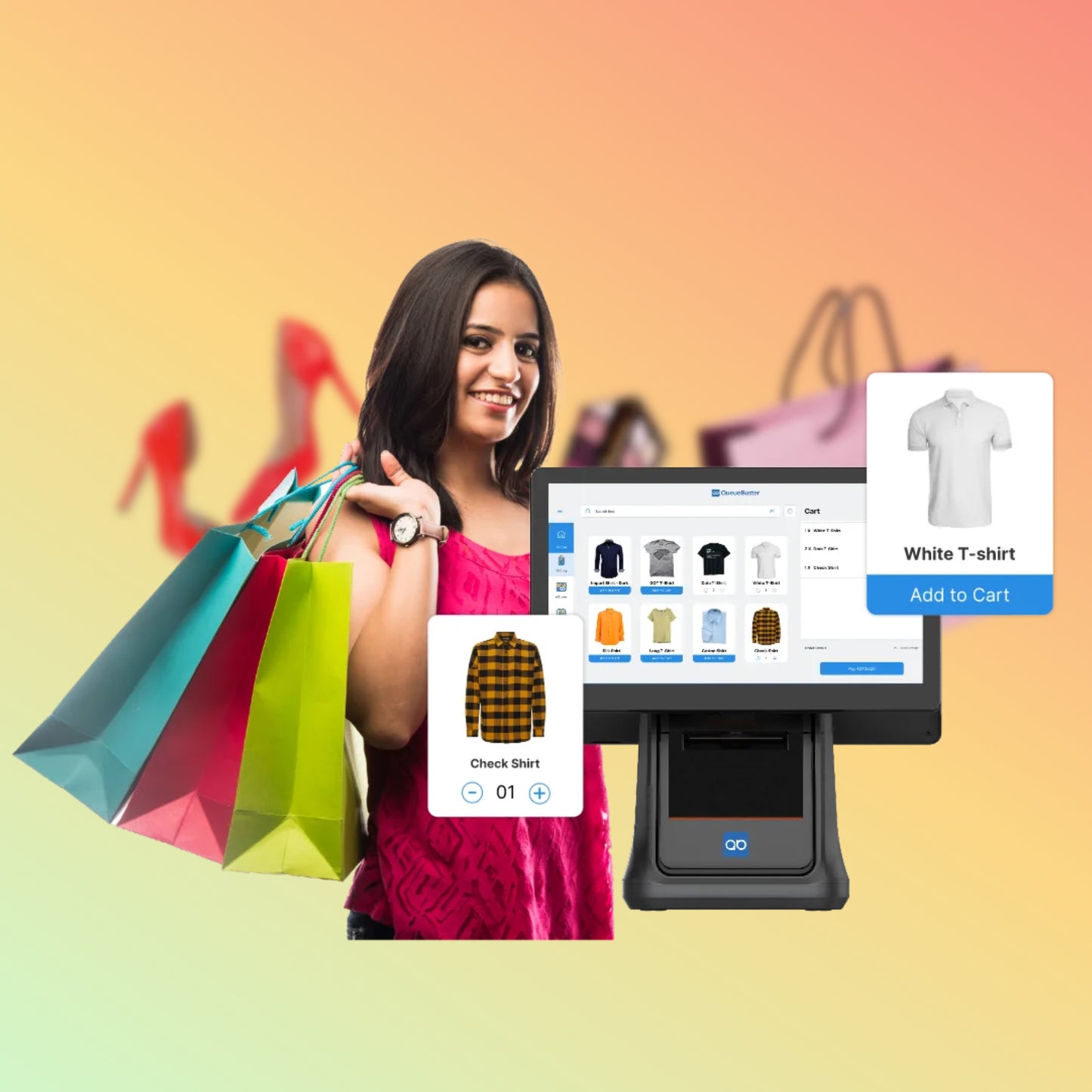Woman holding shopping bags with a digital display showing e-commerce interface on a gradient background