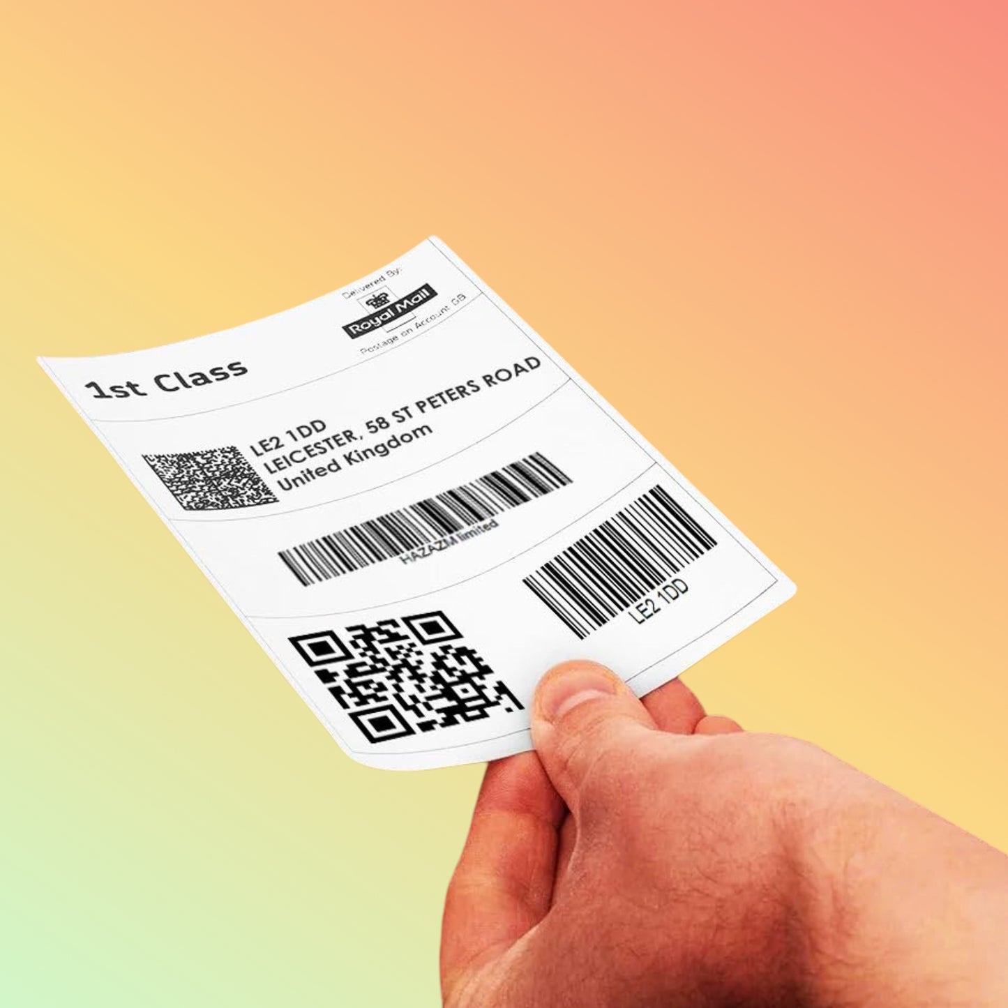 Hand holding a Royal Mail shipping label with QR code and barcodes on a gradient background