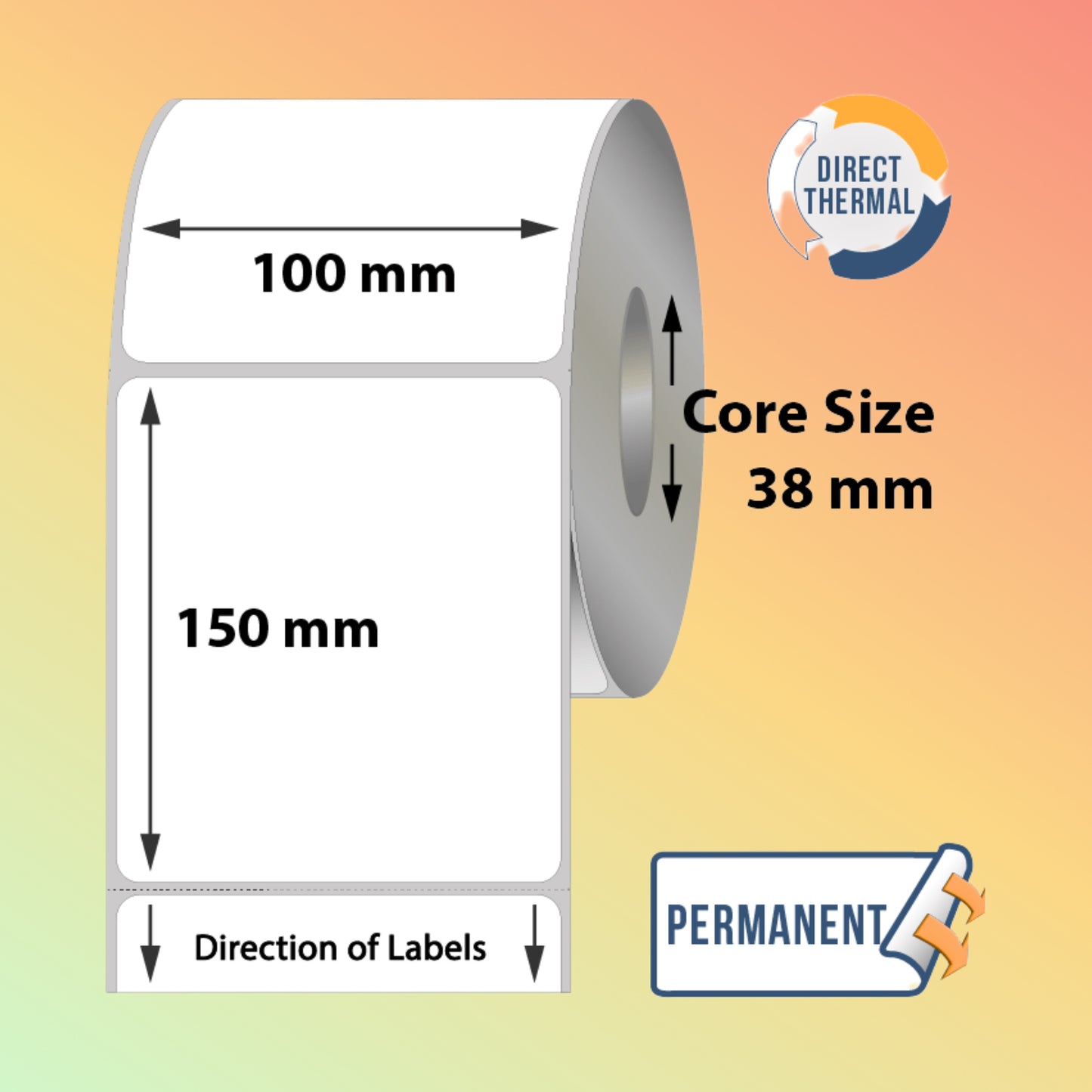 Roll of direct thermal labels with dimensions and permanent label text on a gradient background