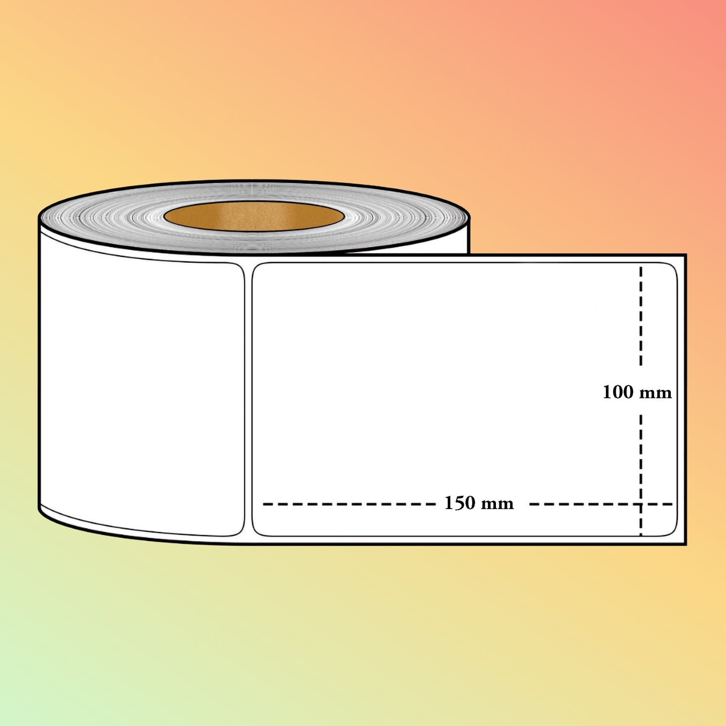 Roll of labels with dimensions on a gradient background