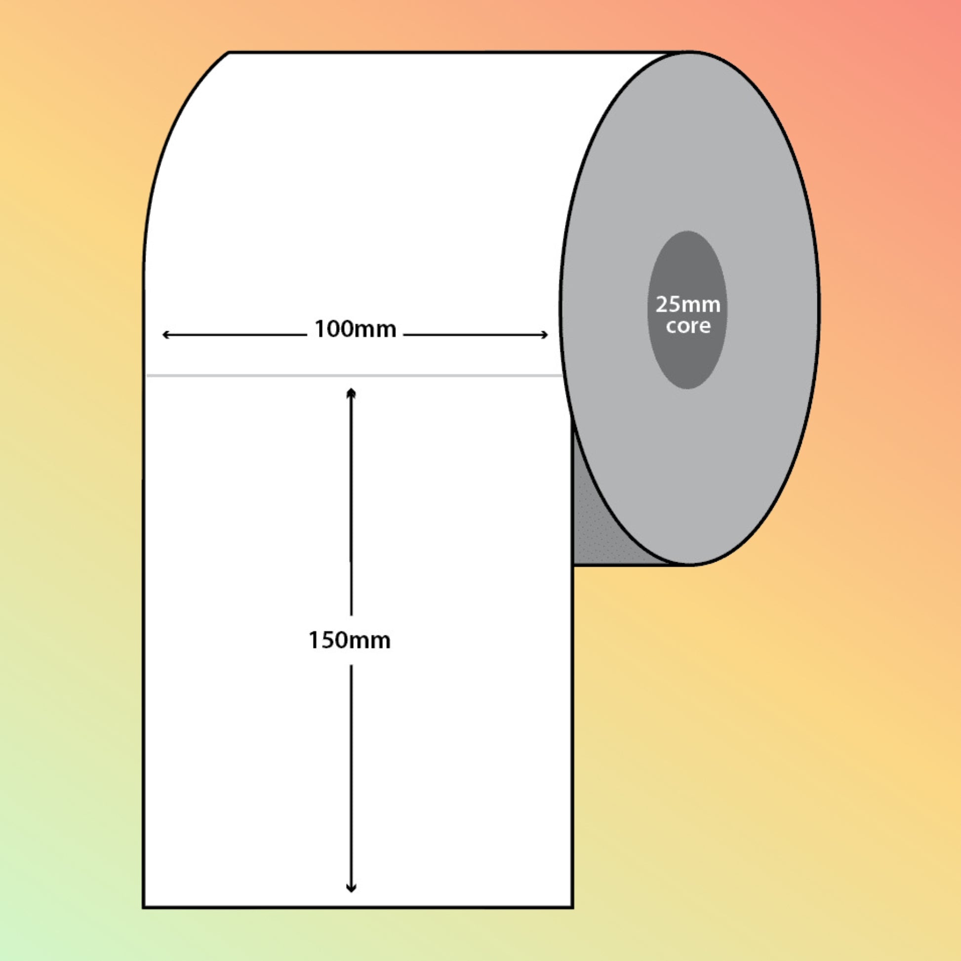 Illustration of a roll of paper with dimensions labeled on an orange and green gradient background