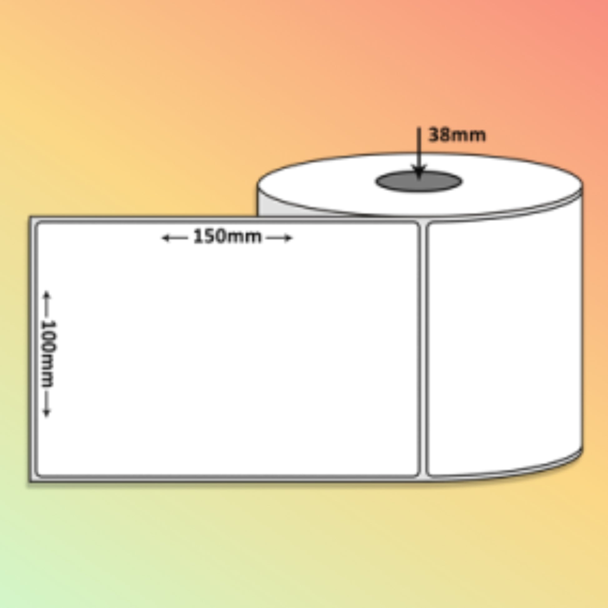 Roll of labels with dimensions indicated on a gradient background