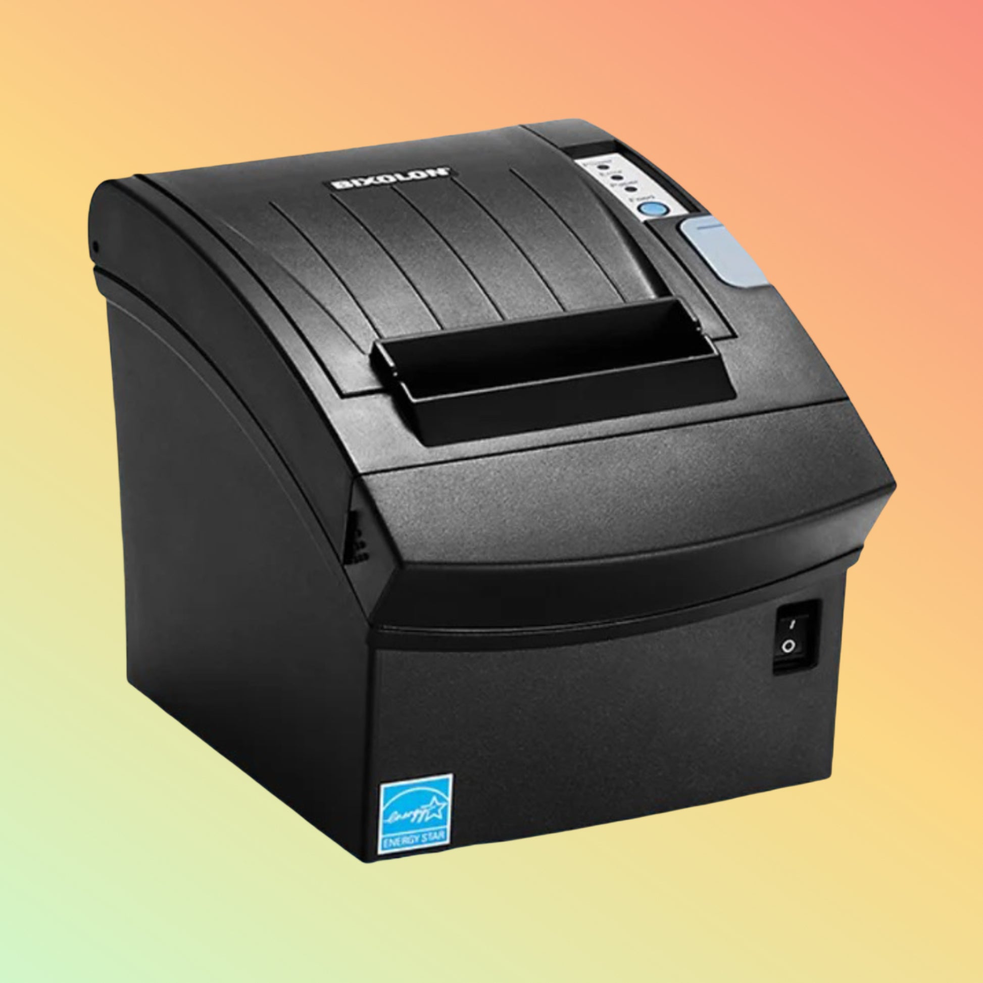 Black Bixolon thermal printer on a gradient background