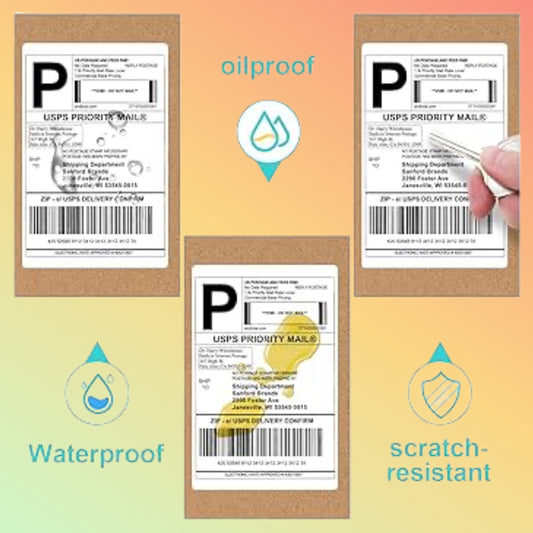 USPS priority mail labels with 'oilproof' and 'waterproof' features on a colorful background.