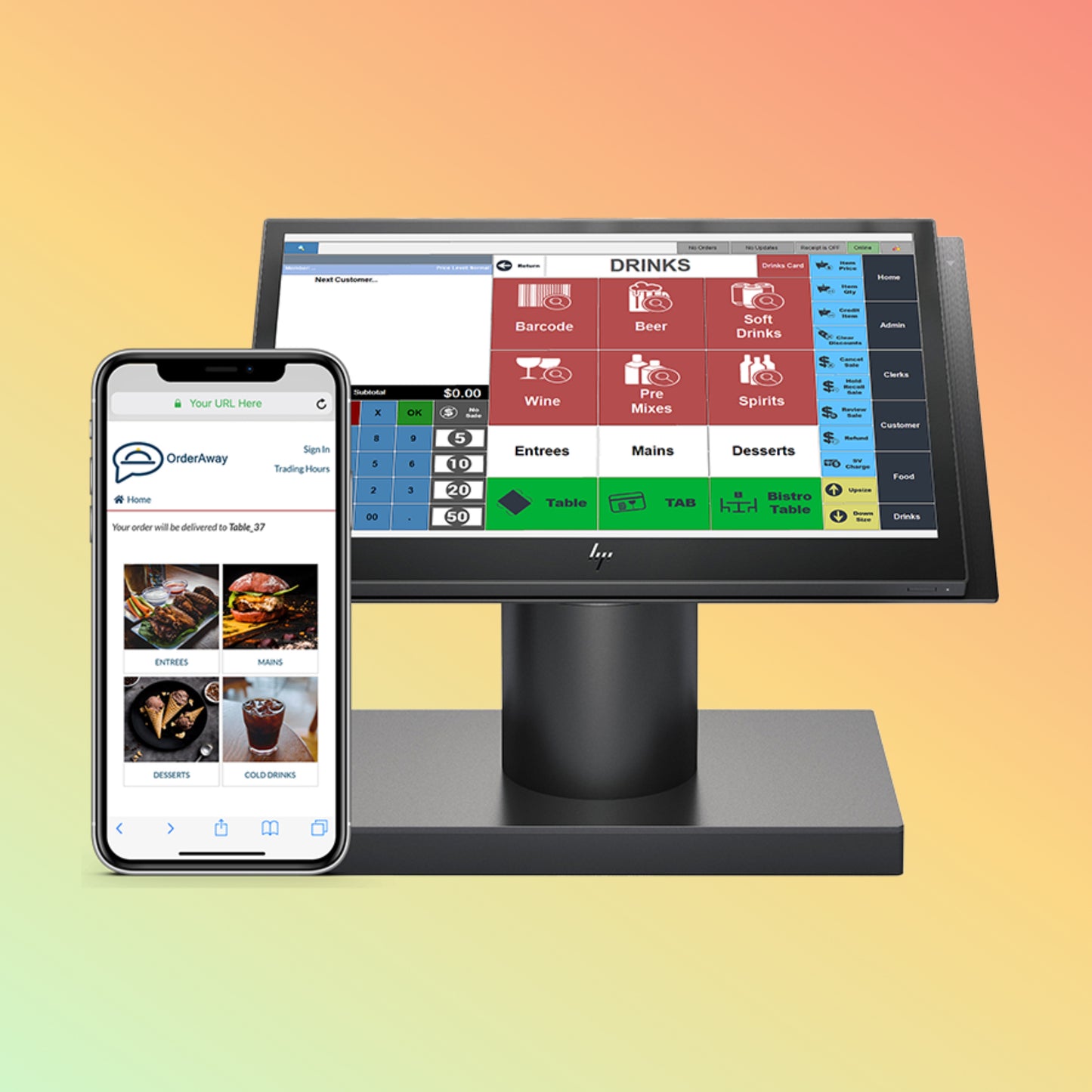 Touchscreen POS system and smartphone with delivery app on a gradient background