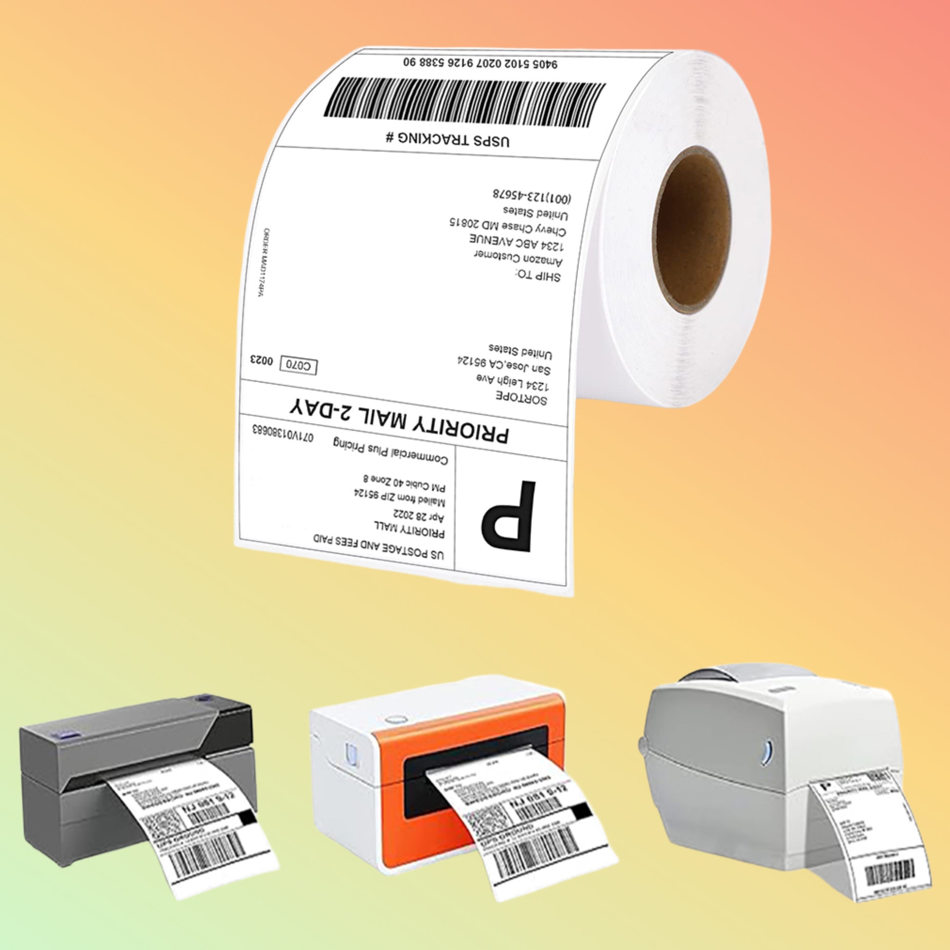 Roll of shipping label with three label printers on a gradient background