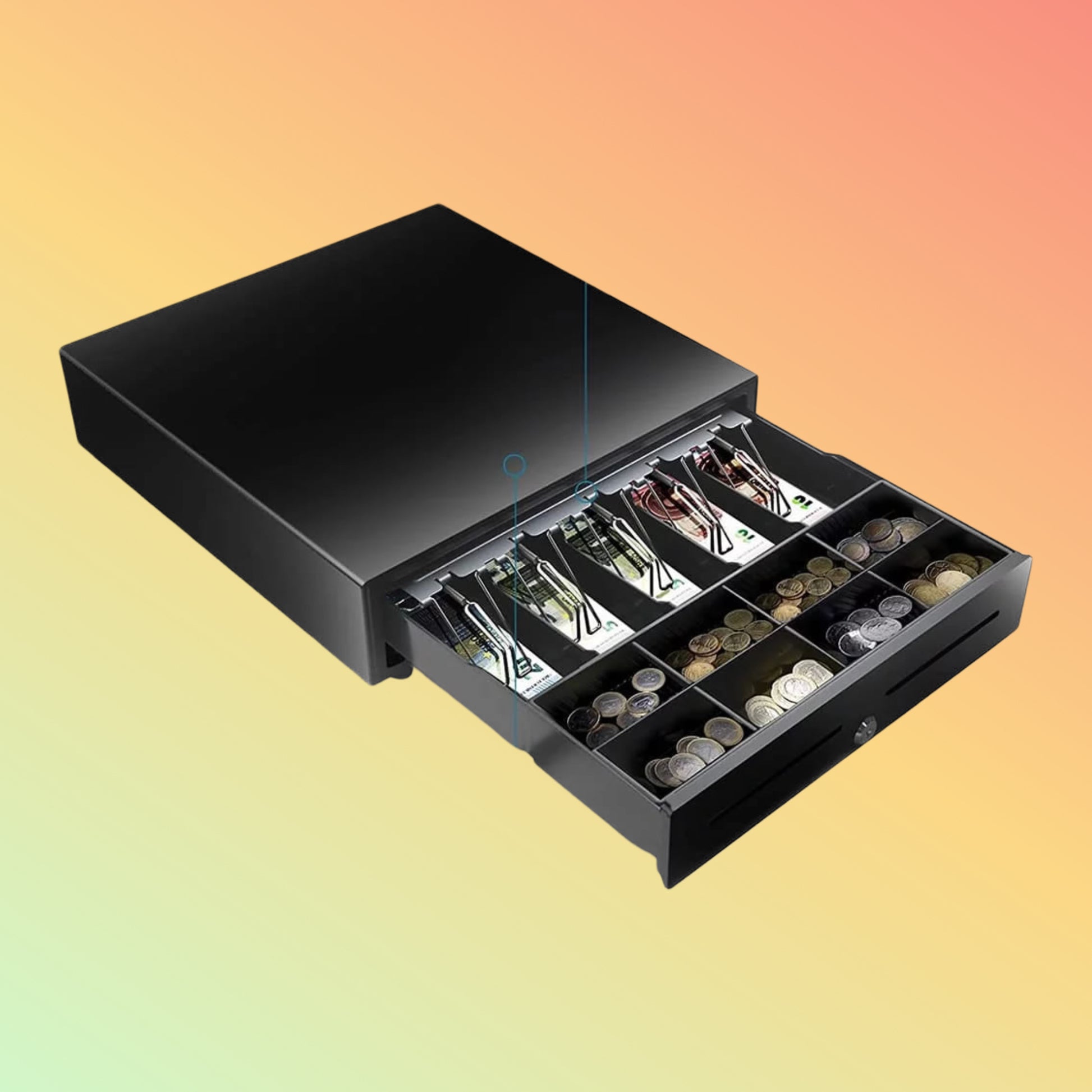 Black cash register drawer with coins and bills on a gradient background