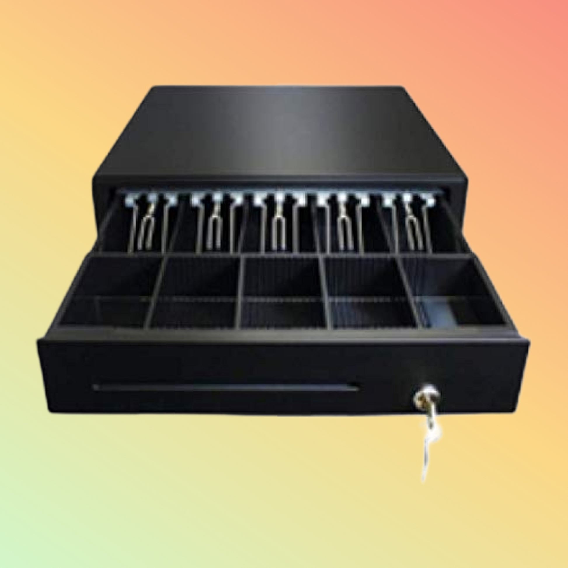 Black cash register drawer on a gradient background