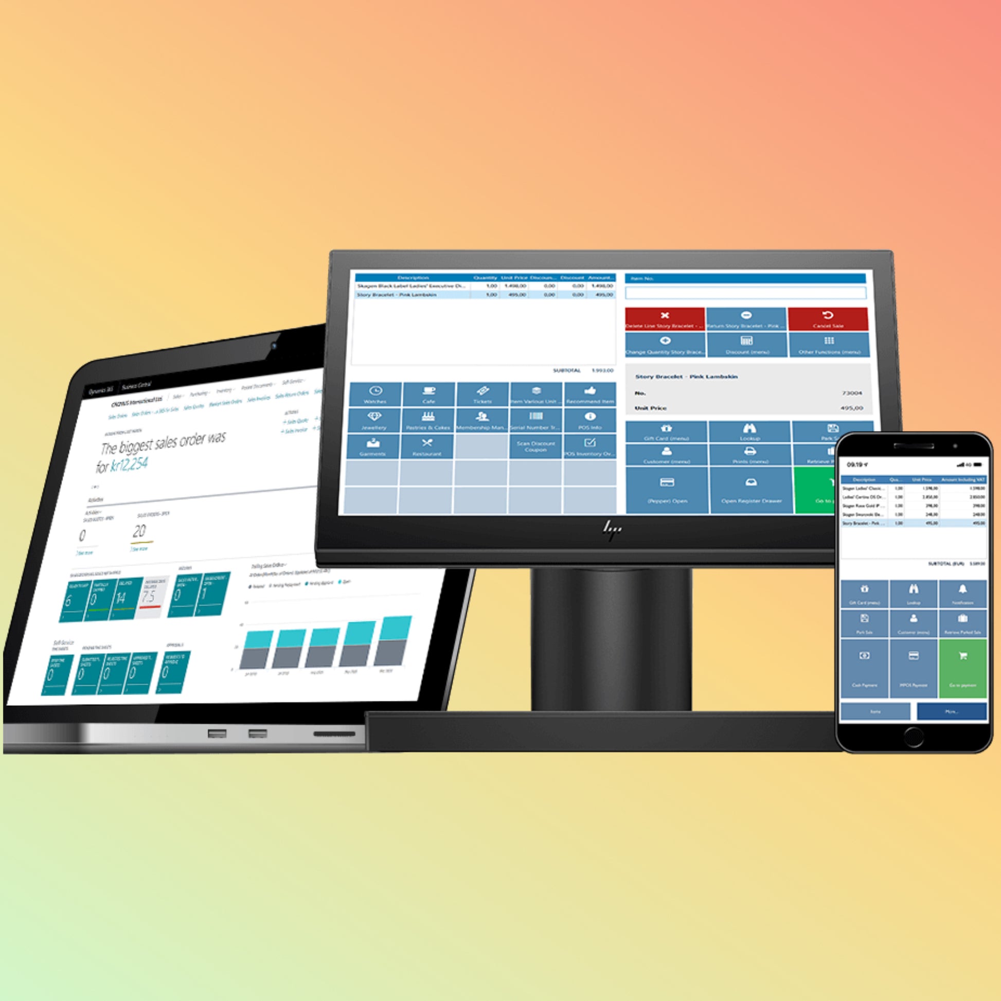 Computer monitor, tablet, and smartphone displaying a software interface on a gradient background