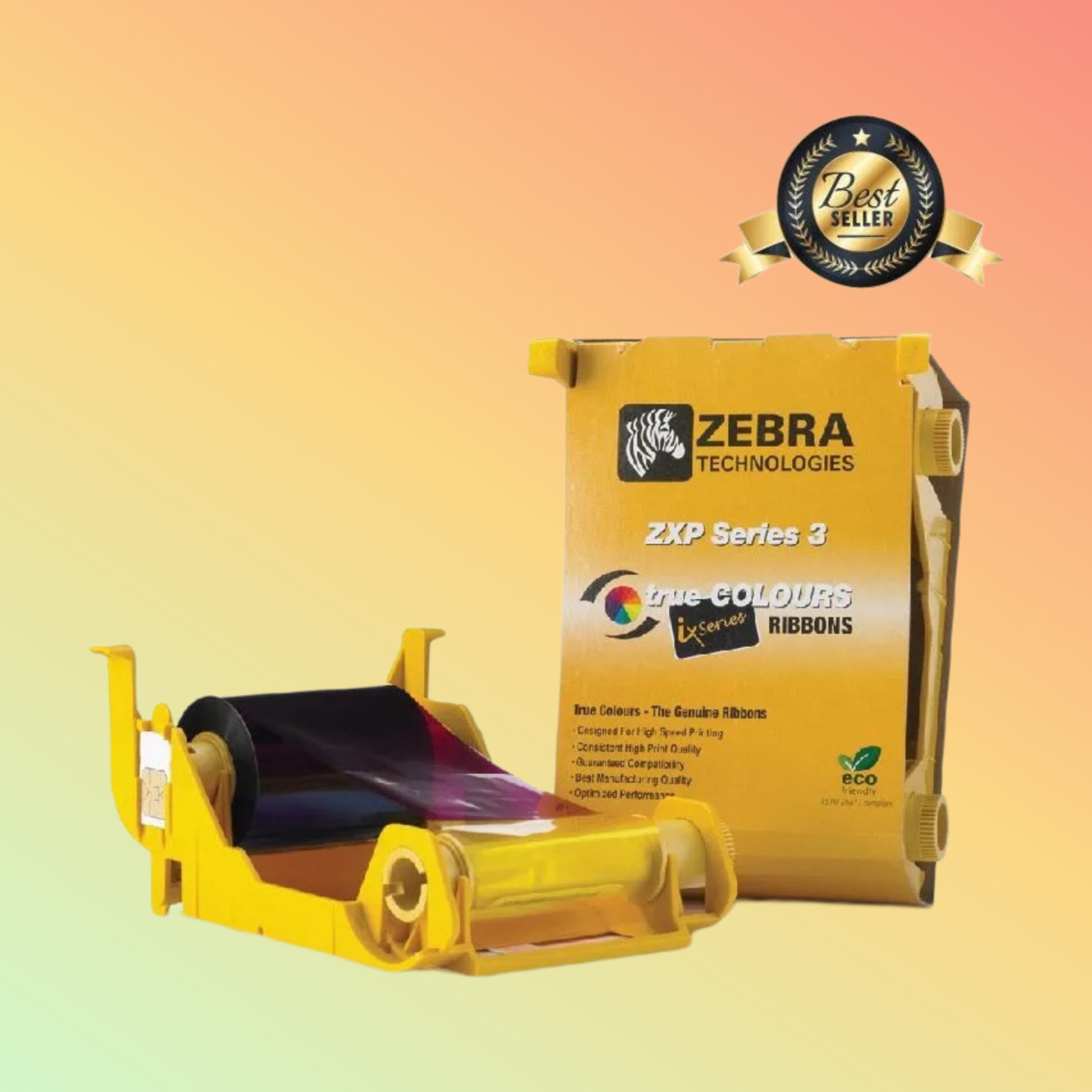 Zebra ZXP3 color ribbon showing yellow, magenta, cyan, black, and overlay panels.