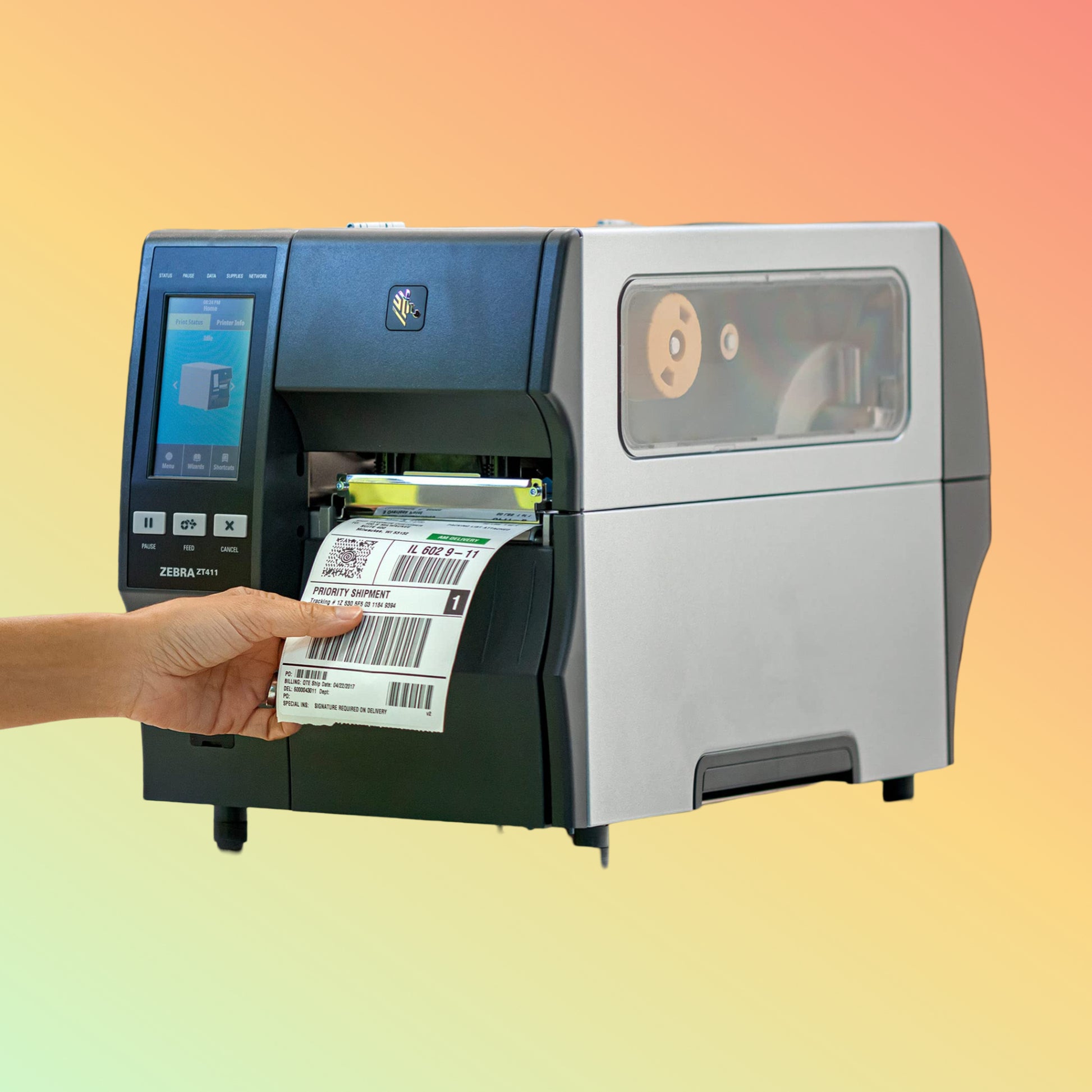 Front View of Zebra ZT411R RFID Barcode Printer with Touch Display
