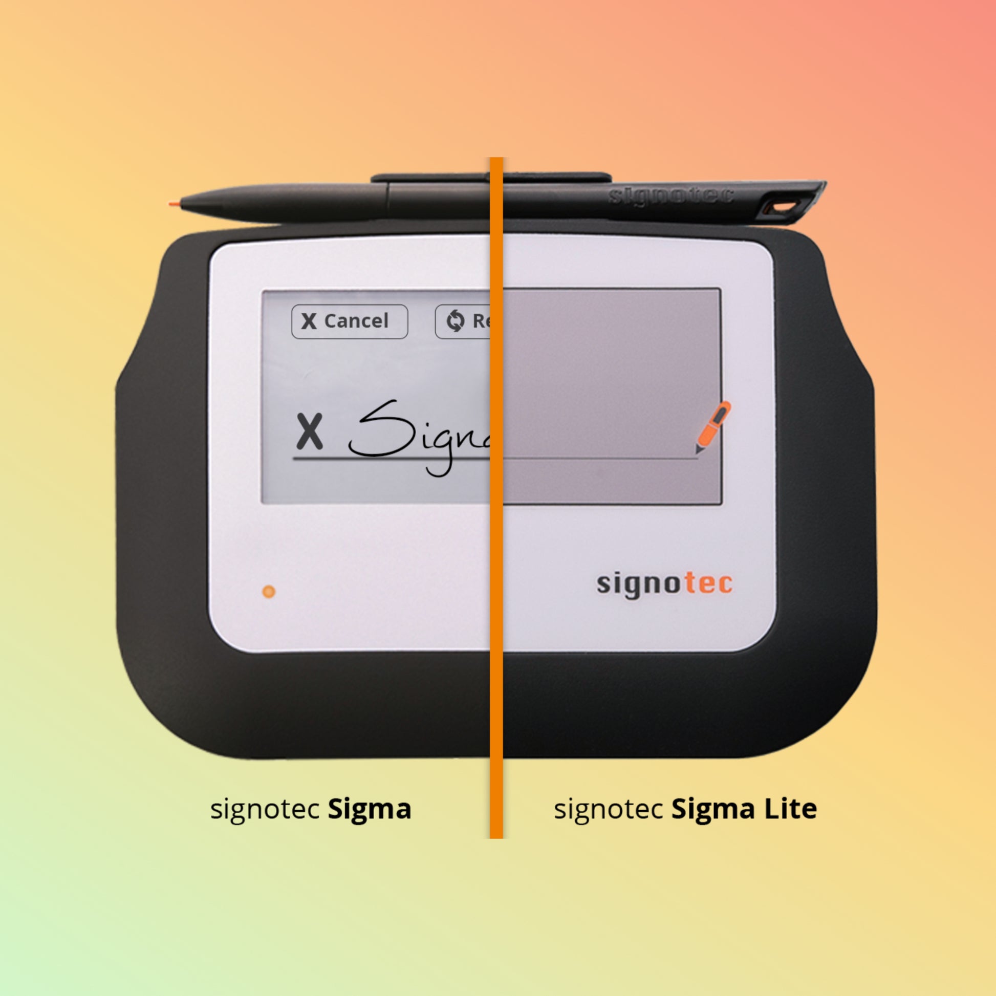 "Top view of Signotec Sigma LITE with batteryless stylus pen."