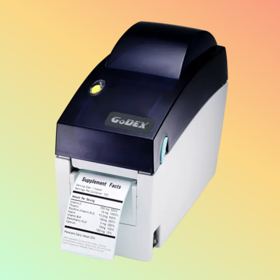 "Godex DT2X compact direct thermal barcode printer, front view"
