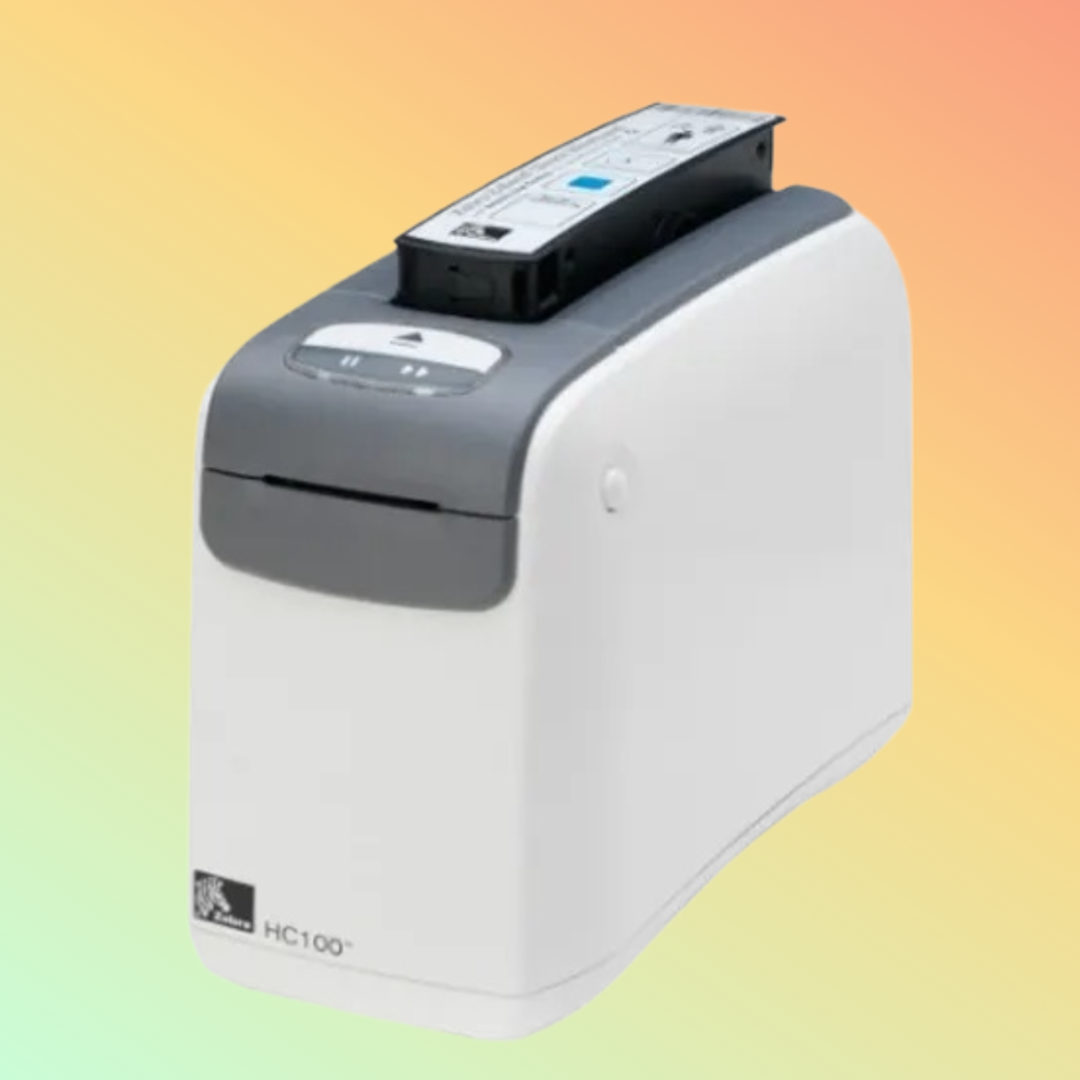 "Zebra HC100 wristband printer - front view, white color, compact design"
