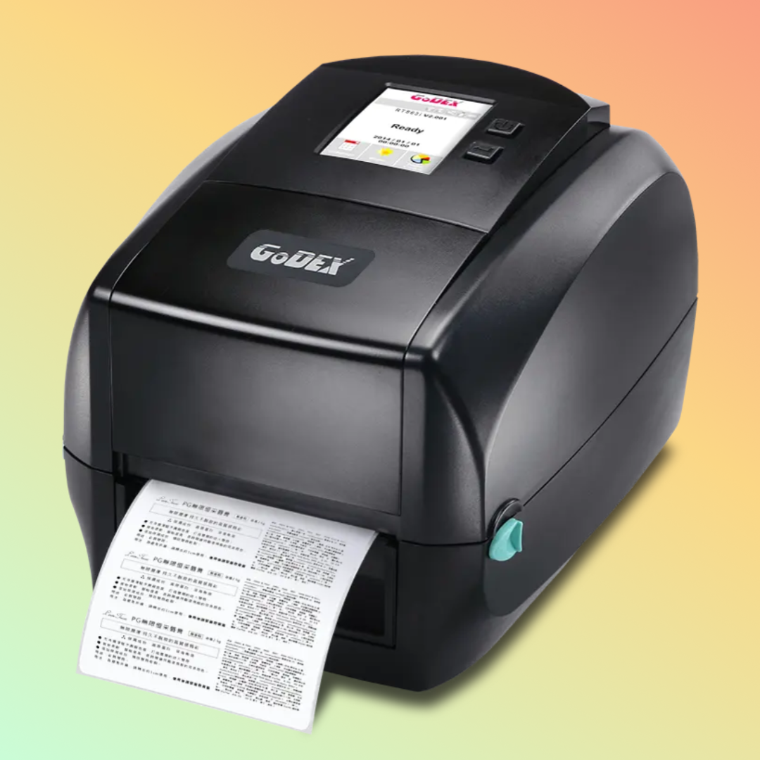 Godex RT863i Label Printer front view with compact design and USB connectivity
