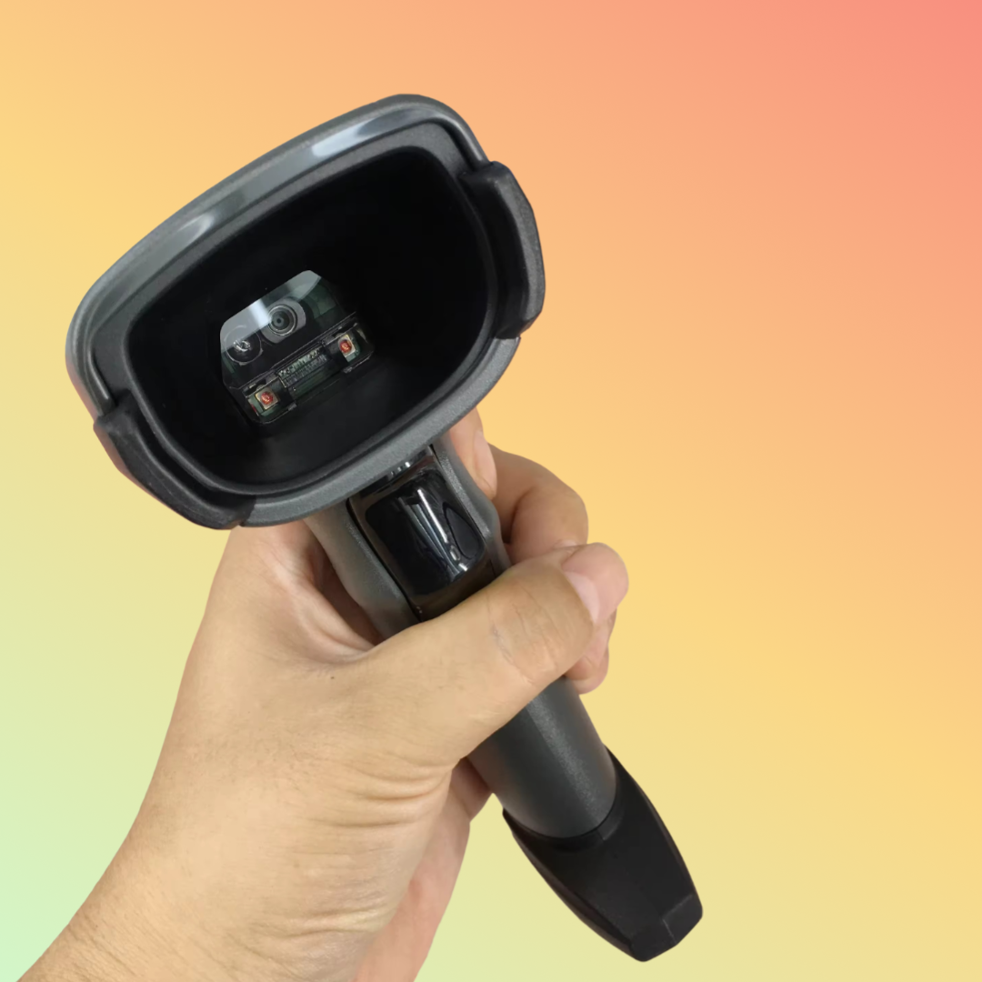 "Handheld barcode reader with USB and RS232 connectivity"
