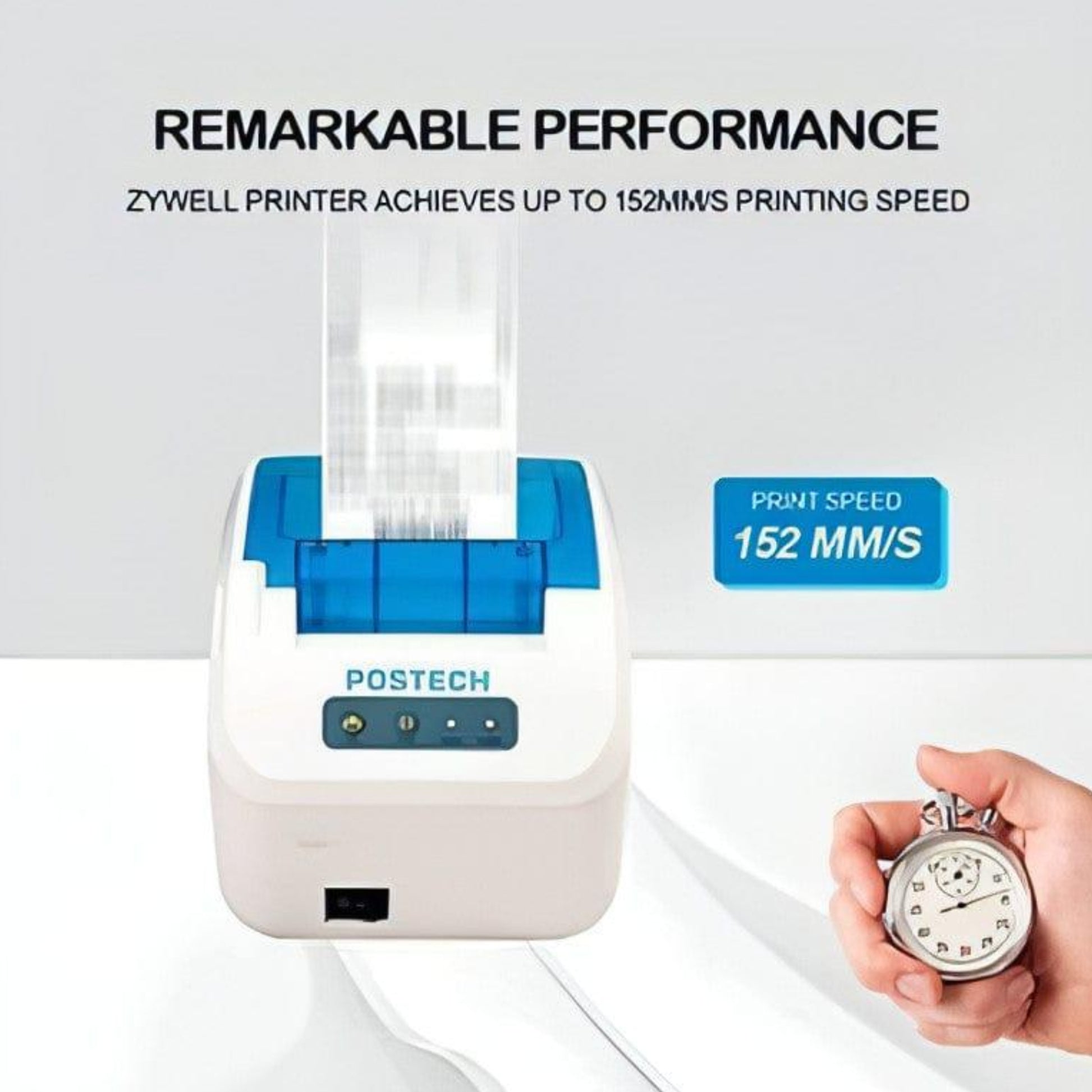 "POSTECH PT-R609 Barcode Printer printing high-quality labels at 4 inches per second, ideal for shipping and logistics."