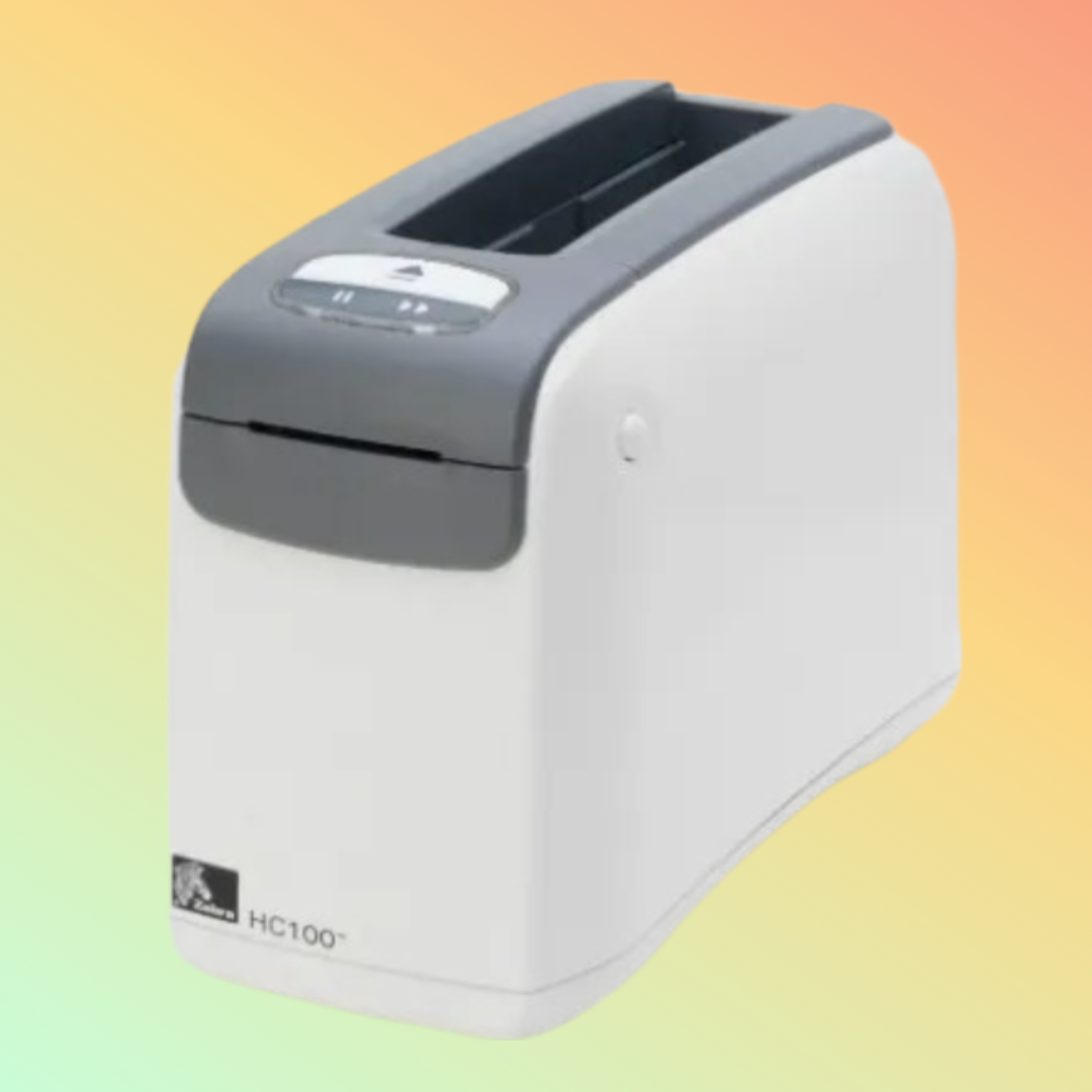 "Zebra HC100 printer with wristband ready to print, healthcare setting"
