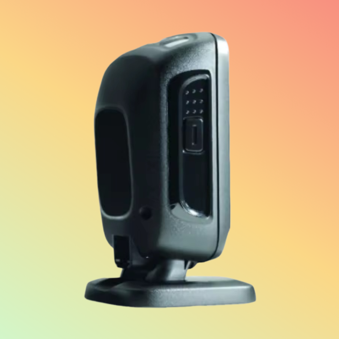 Symbol DS9208 scanning multiple barcode types hands-free.
