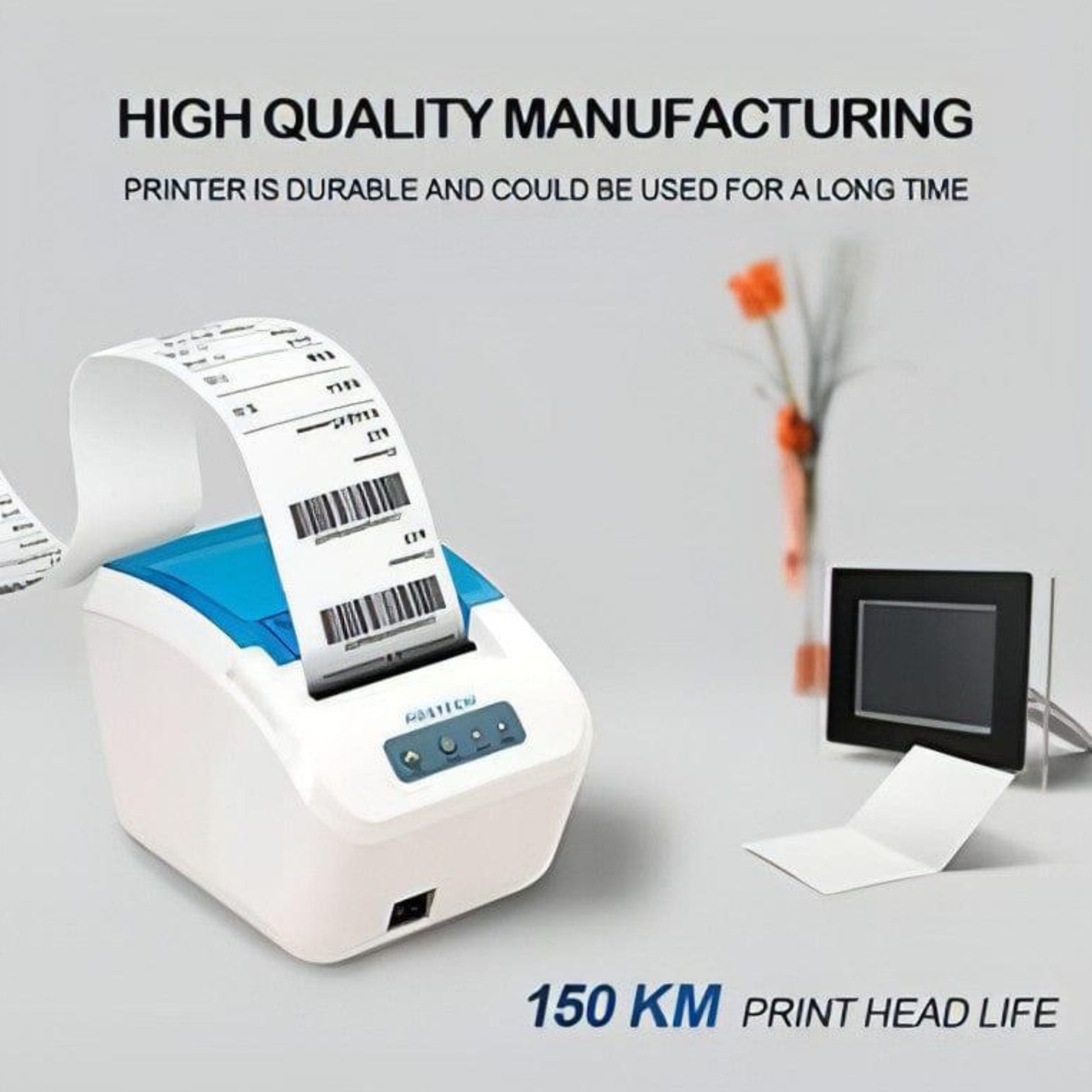 "Side view of POSTECH PT-R609 Barcode Printer showcasing its compact design and versatile connectivity options."