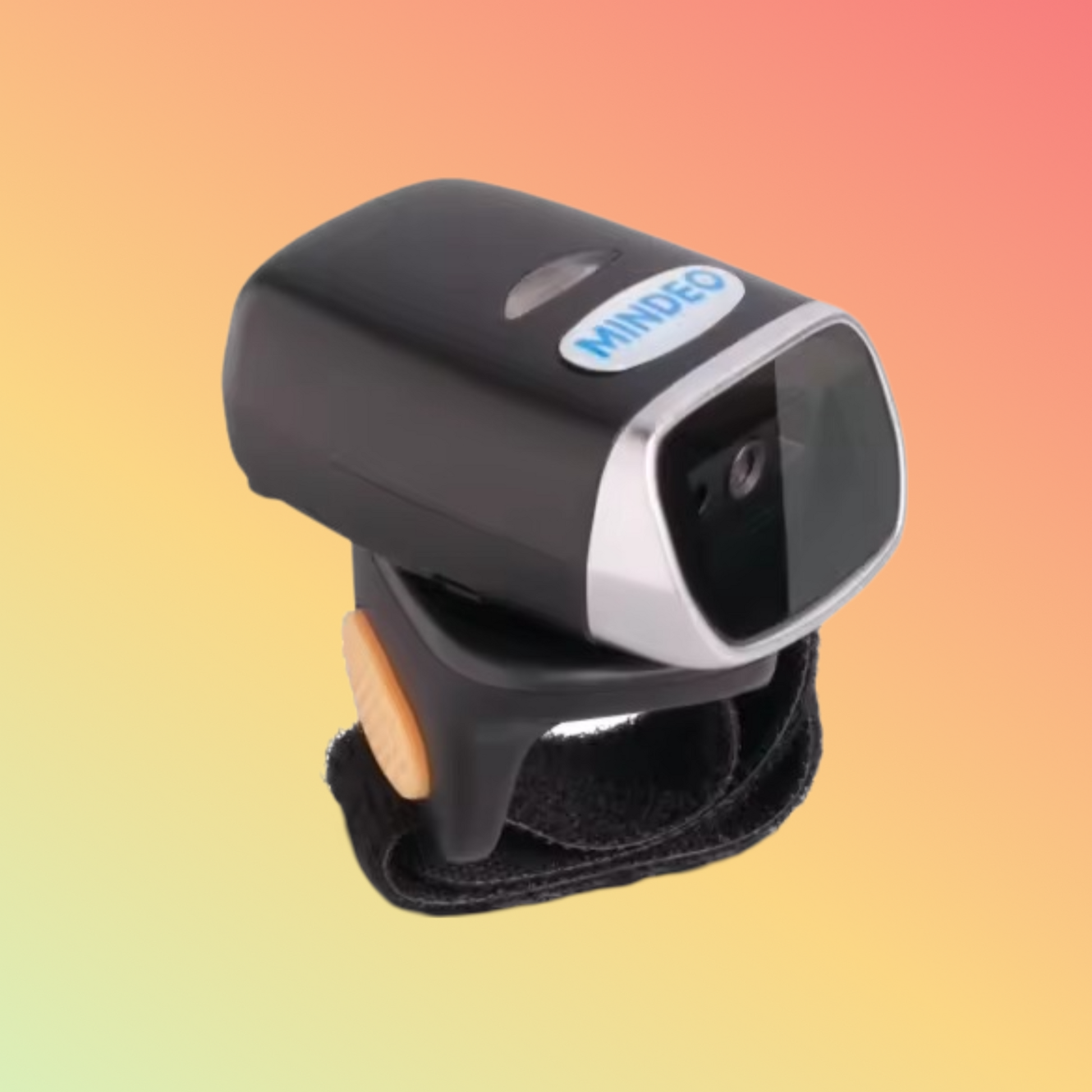 Mindeo CR40-2D wireless mini ring barcode scanner worn on a finger, showcasing its ergonomic and lightweight design.