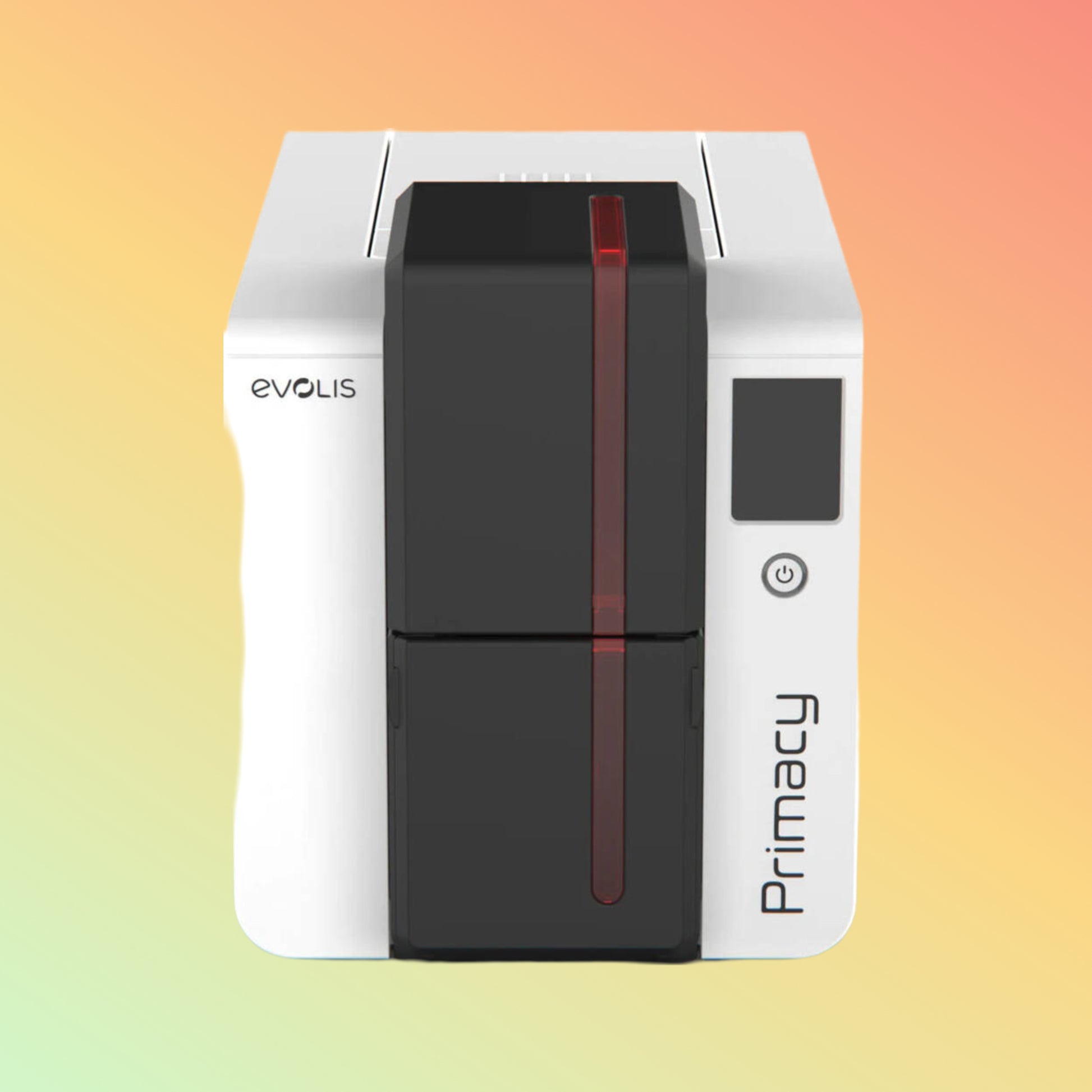 Evolis Primacy Dual-Side ID Card Printer in Operation - The printer actively printing a dual-sided ID card with vibrant colors.