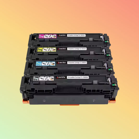 Set of Amida brand toner cartridges on a gradient background