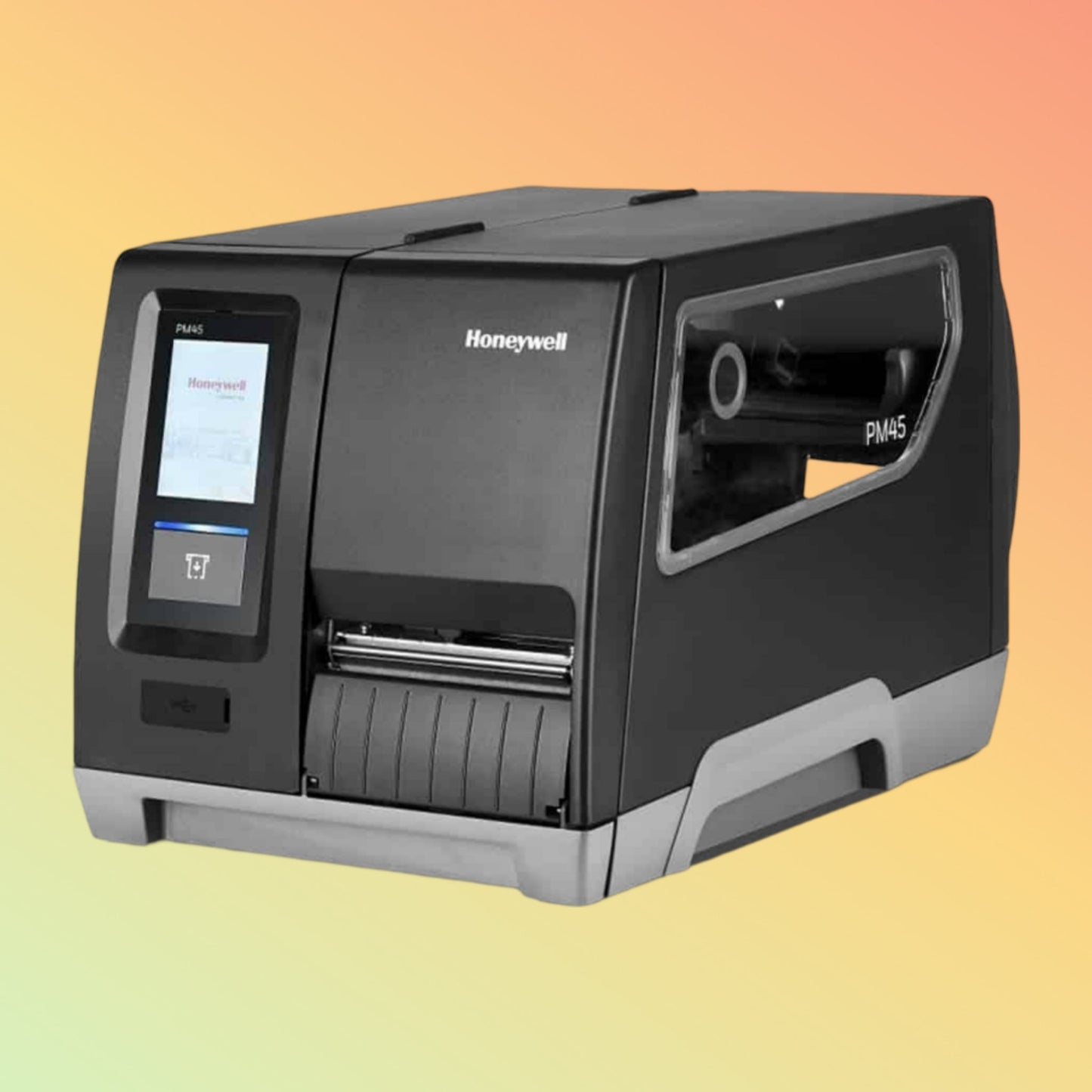 alt="Honeywell PM45 industrial barcode label printer, featuring high-speed printing and robust construction for efficient label production in warehouse environments."