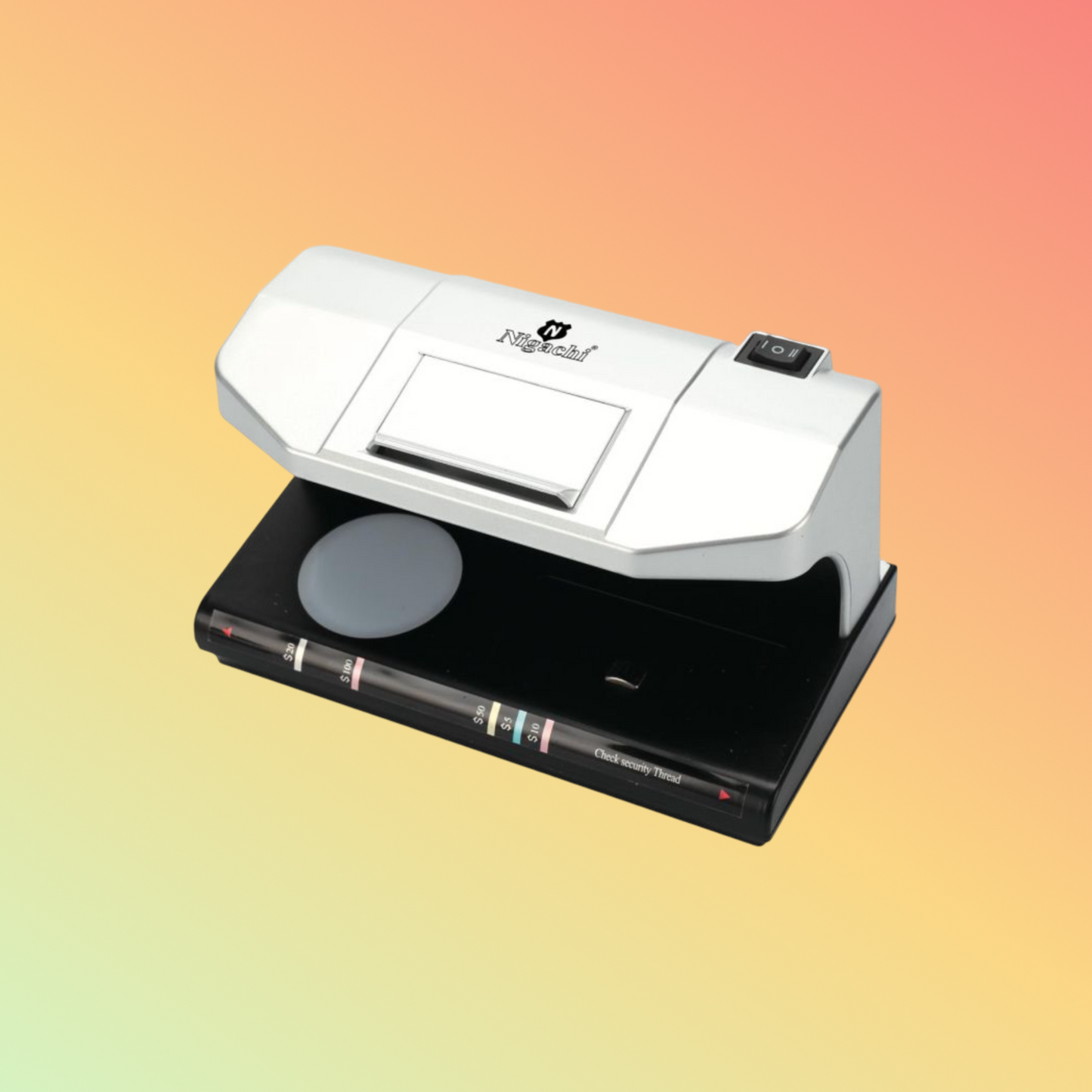 alt="Nigachi NC-6055 UV/MG/WM counterfeit money detector in operation"