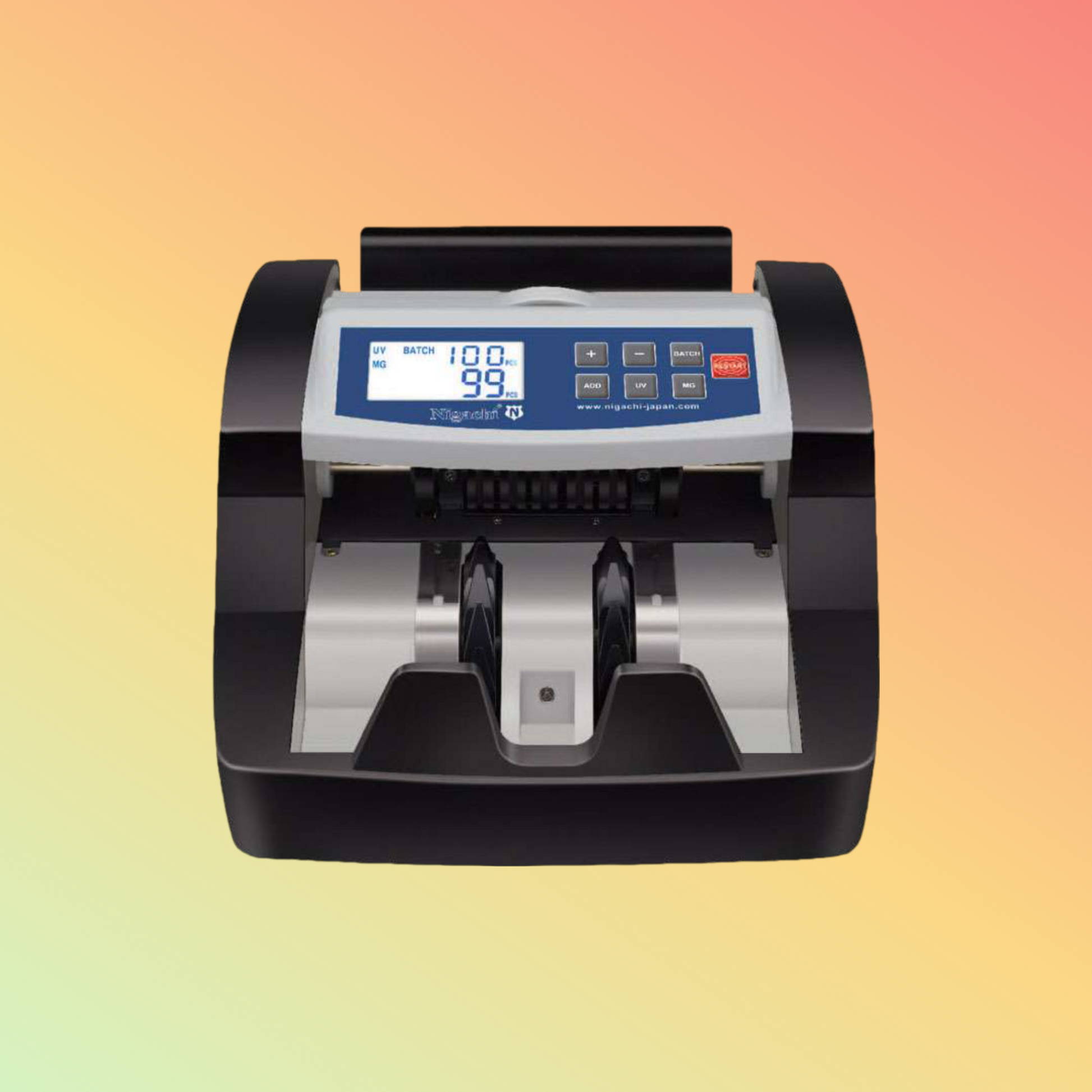 alt="Close-up of Nigachi NC-35 money counting machine with counterfeit detection"