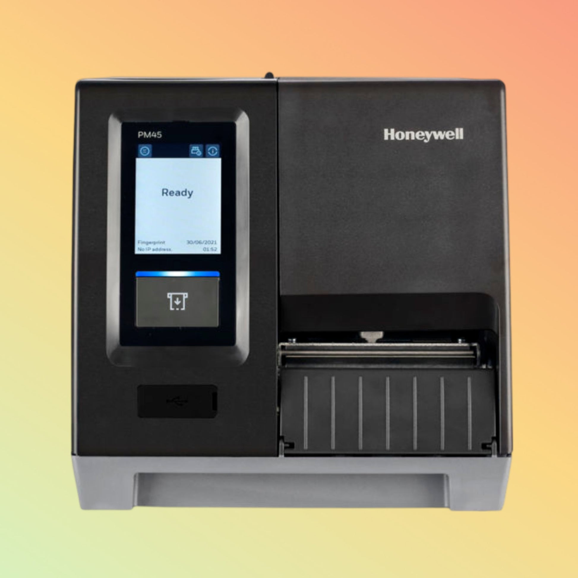 alt="Durable Honeywell PM45 industrial barcode printer with user-friendly interface, designed for high-volume label printing in manufacturing and logistics."