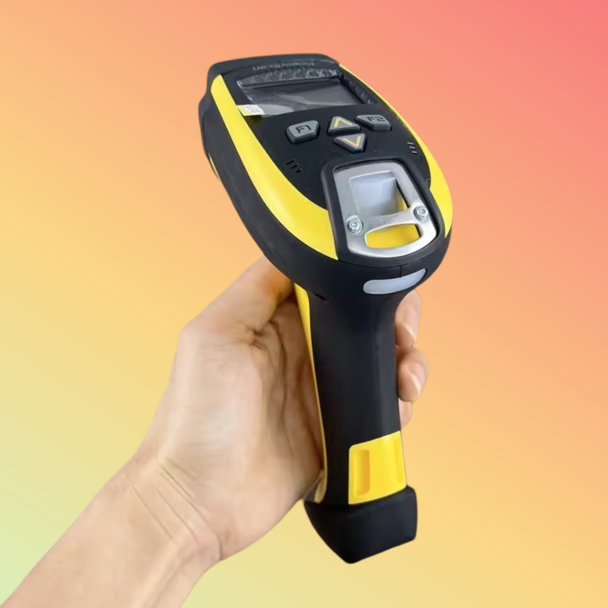 Datalogic PowerScan PM9501 wireless barcode scanner with cradle, showcasing rugged design.