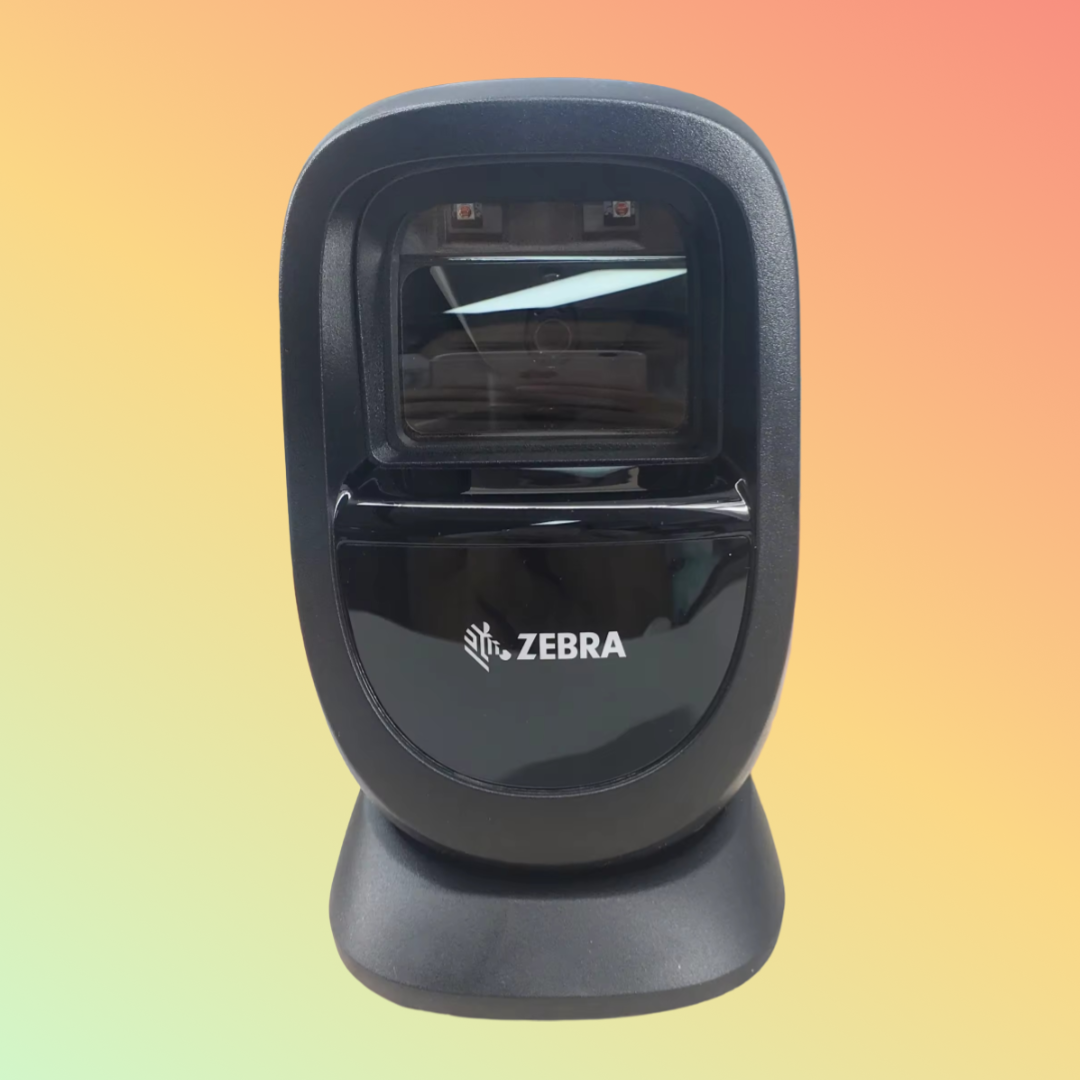 Zebra DS9308 2D barcode scanner with hands-free design.
