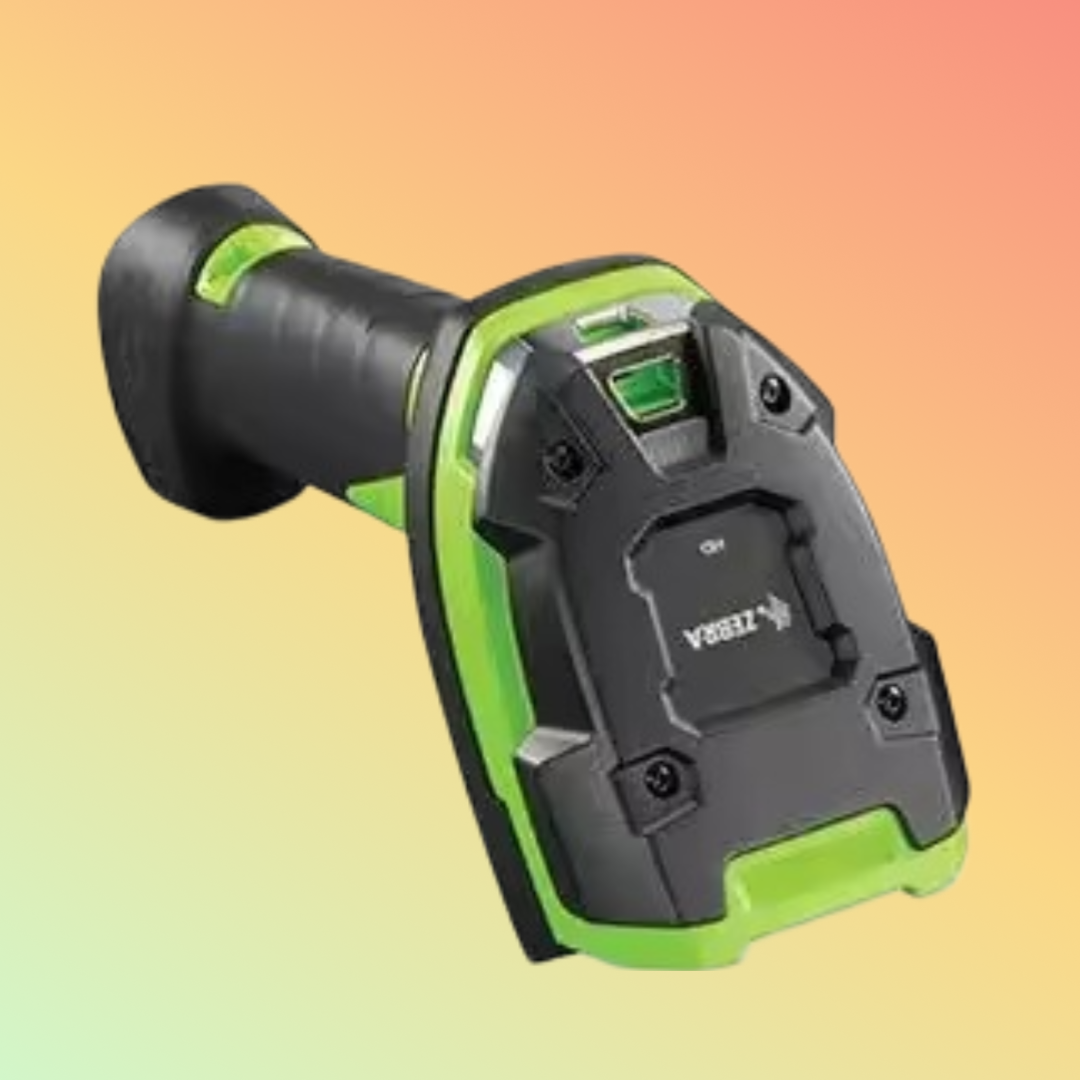 Zebra DS3608-HD barcode scanner displaying its rugged design and durability.
