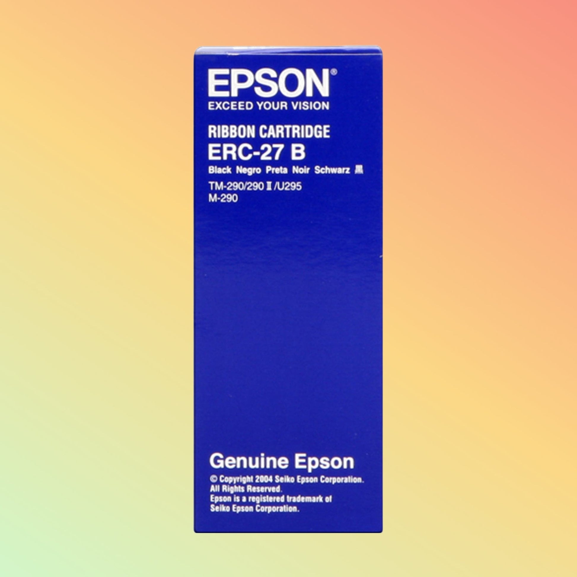 "Epson ERC 27 black ribbon for TMU295P printers, offering sharp, clear, and smudge-free text."