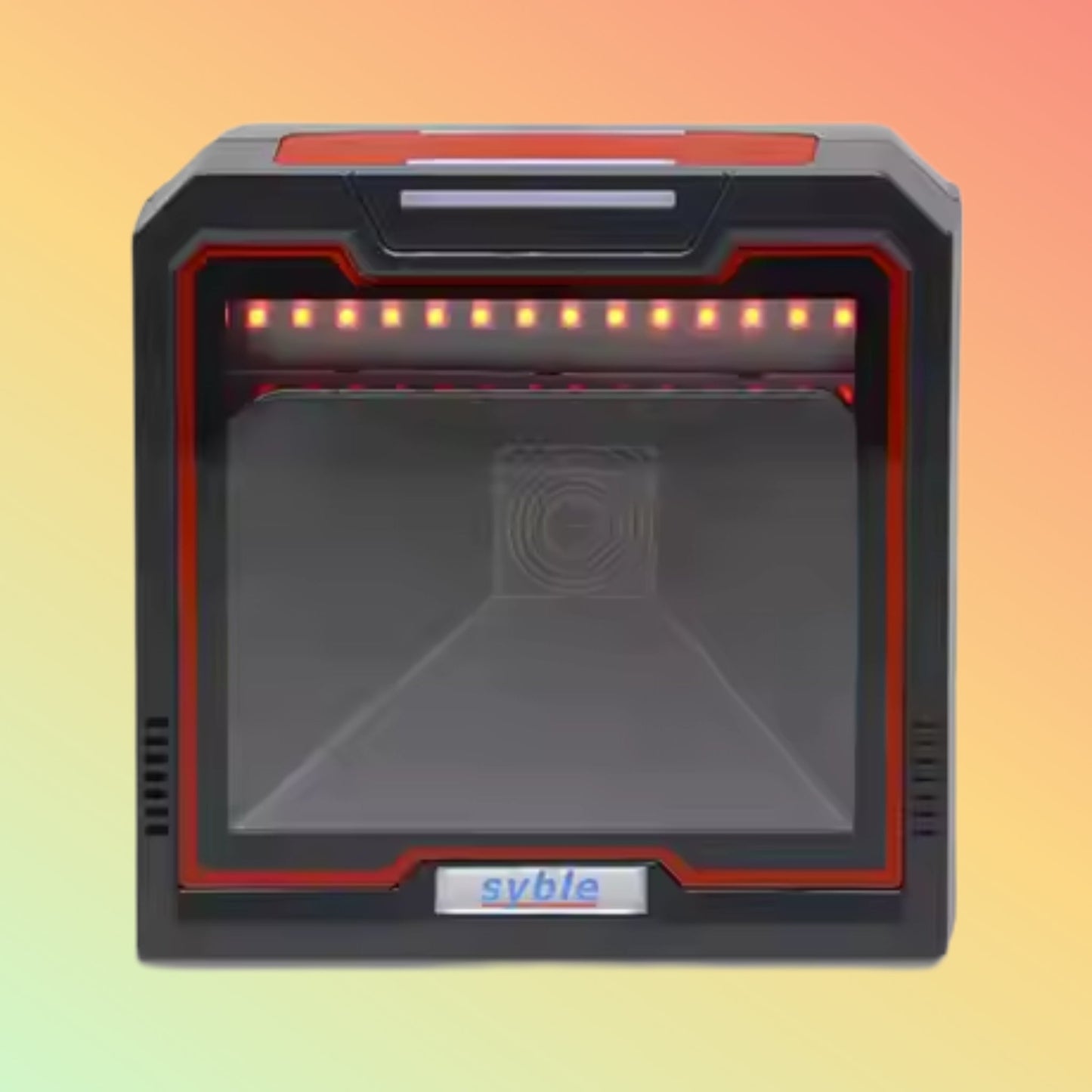 Black and red electronic device with visible brand logo on a gradient background