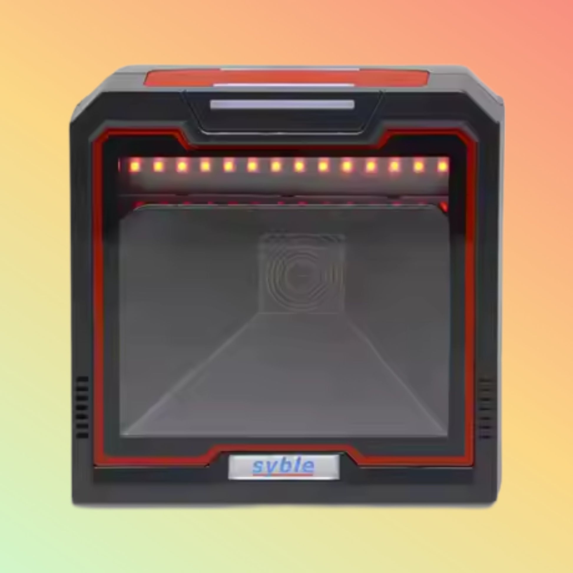 Black and red electronic device with visible brand logo on a gradient background